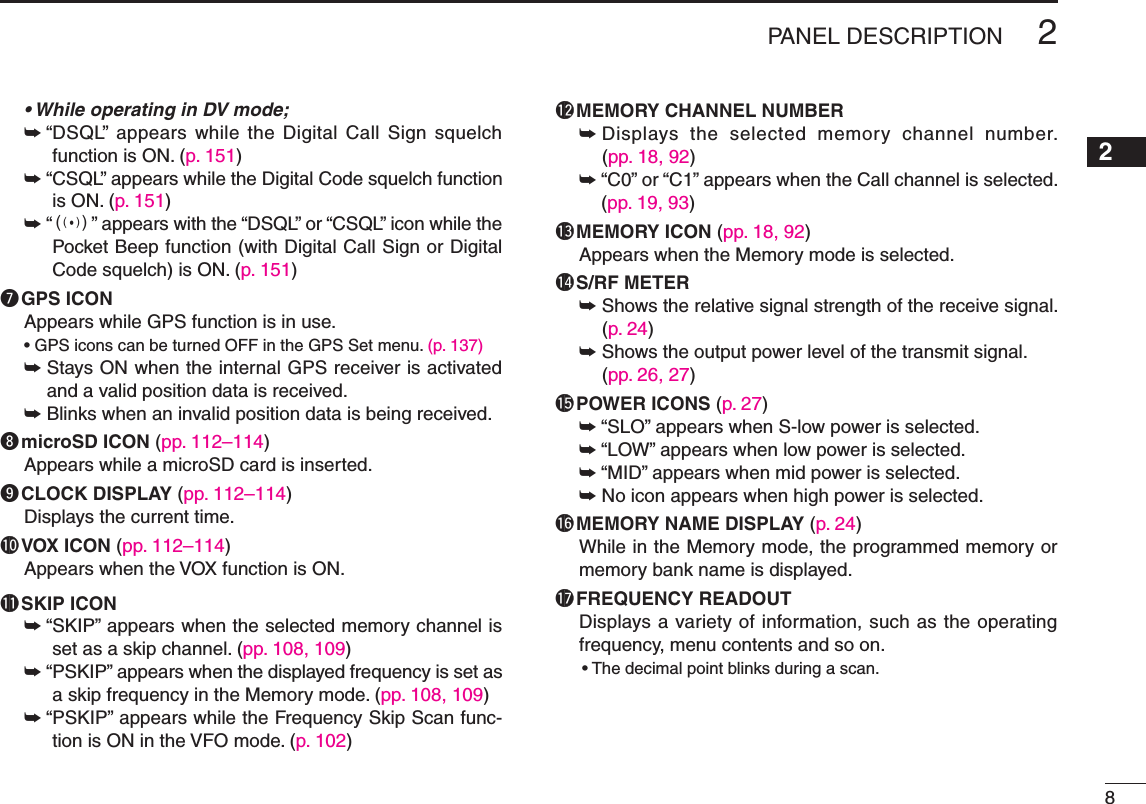 82PANEL DESCRIPTIONNew20012• While operating in DV mode;➥ “ DSQL” appears while the  Digital Call  Sign  squelch function is ON. (p. 151)➥ “ CSQL” appears while the Digital Code squelch function is ON. (p. 151)➥ “ S” appears with the “DSQL” or “CSQL” icon while the Pocket Beep function (with Digital Call Sign or Digital Code squelch) is ON. (p. 151)u GPS ICONAppears while GPS function is in use.•GPSiconscanbeturnedOFFinthe GPS Set menu. (p. 137)➥  Stays ON when the internal GPS receiver is activated and a valid position data is received.➥  Blinks when an invalid position data is being received.i microSD ICON (pp. 112–114)Appears while a microSD card is inserted.o CLOCK DISPLAY (pp. 112–114)Displays the current time.!0 VOX ICON (pp. 112–114)AppearswhentheVOXfunctionisON.!1 SKIP ICON➥ “ SKIP” appears when the selected memory channel is set as a skip channel. (pp. 108, 109)➥ “ PSKIP” appears when the displayed frequency is set as a skip frequency in the Memory mode. (pp. 108, 109)➥ “ PSKIP” appears while the Frequency Skip Scan func-tionisONintheVFOmode.(p. 102)!2 MEMORY CHANNEL NUMBER➥  Displays  the  selected  memory  channel  number. (pp. 18, 92)➥  “C0” or “C1” appears when the Call channel is selected. (pp. 19, 93)!3 MEMORY ICON (pp. 18, 92)Appears when the Memory mode is selected.!4 S/RF METER➥  Shows the relative signal strength of the receive signal. (p. 24)➥  Shows the output power level of the transmit signal.  (pp. 26, 27)!5 POWER ICONS (p. 27)➥ “ SLO” appears when S-low power is selected.➥ “ LOW” appears when low power is selected.➥ “ MID” appears when mid power is selected.➥ No icon appears when high power is selected.!6 MEMORY NAME DISPLAY (p. 24)While in the Memory mode, the programmed memory or memory bank name is displayed.!7 FREQUENCY READOUT  Displays a variety of information, such as the operating frequency, menu contents and so on.•Thedecimalpointblinksduringascan.