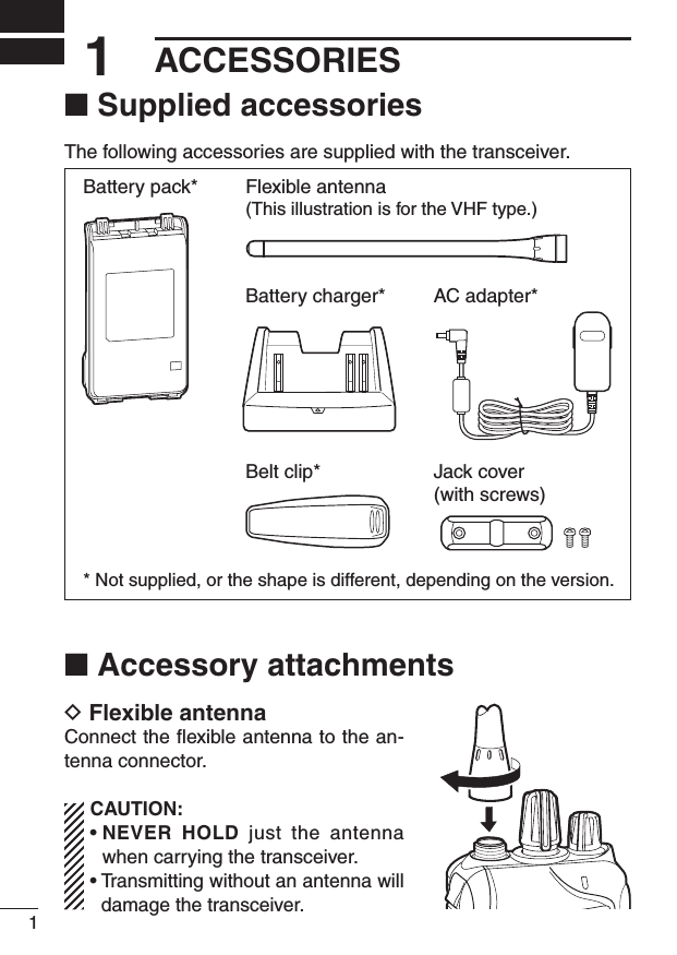 ■ Supplied accessoriesThe following accessories are supplied with the transceiver.Flexible antenna(This illustration is for the VHF type.)Battery pack*Belt clip* Jack cover(with screws)Battery charger*AC adapter** Not supplied, or the shape is different, depending on the version.■ Accessory attachmentsD Flexible antennaConnect the ﬂexible antenna to the an-tenna connector.CAUTION:•NEVER  HOLD  just  the  antenna when carrying the transceiver.•Transmittingwithoutanantennawilldamage the transceiver.11ACCESSORIES