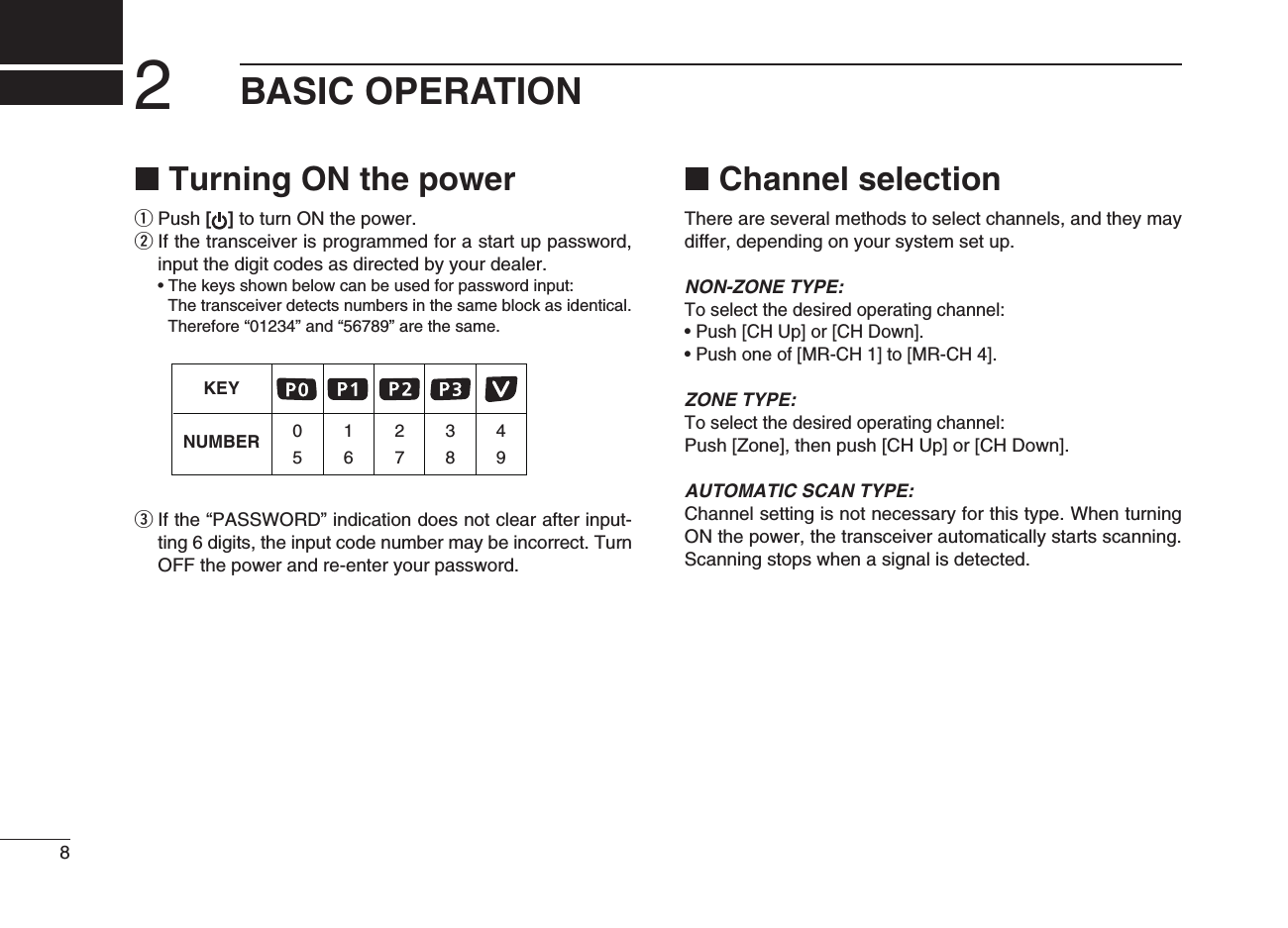 82BASIC OPERATION■ Turning ON the powerq Push [ ] to turn ON the power.w  If the transceiver is programmed for a start up password, input the digit codes as directed by your dealer. •Thekeysshownbelowcanbeusedforpasswordinput:     The transceiver detects numbers in the same block as identical.  Therefore“01234”and“56789”arethesame.eIfthe“PASSWORD”indicationdoesnotclearafterinput-ting 6 digits, the input code number may be incorrect. Turn OFF the power and re-enter your password.■ Channel selectionThere are several methods to select channels, and they may differ, depending on your system set up.NON-ZONE TYPE:To select the desired operating channel:•Push[CHUp]or[CHDown].•Pushoneof[MR-CH1]to[MR-CH4].ZONE TYPE:To select the desired operating channel:Push [Zone], then push [CH Up] or [CH Down].AUTOMATIC SCAN TYPE:Channel setting is not necessary for this type. When turning ON the power, the transceiver automatically starts scanning. Scanning stops when a signal is detected.KEYNUMBER 0549382716