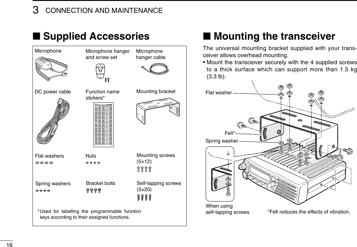 163CONNECTION AND MAINTENANCE■ Supplied Accessories ■ Mounting the transceiverThe universal mounting bracket supplied with your trans-ceiver allows overhead mounting.•  Mount the transceiver securely with the 4 supplied screws to a thick surface which can support more than 1.5 kg (3.3 lb).Flat washerFelt*Spring washerWhen usingself-tapping screws *Felt reduces the effects of vibration.Microphone Microphone hanger and screw setMicrophone hanger cableDC power cableFlat washersSpring washers Bracket boltsMounting screws (5×12)Self-tapping screws (5×20)NutsFunction name stickers*Used  for  labelling  the  programmable  function keys according to their assigned functions.*Mounting bracket