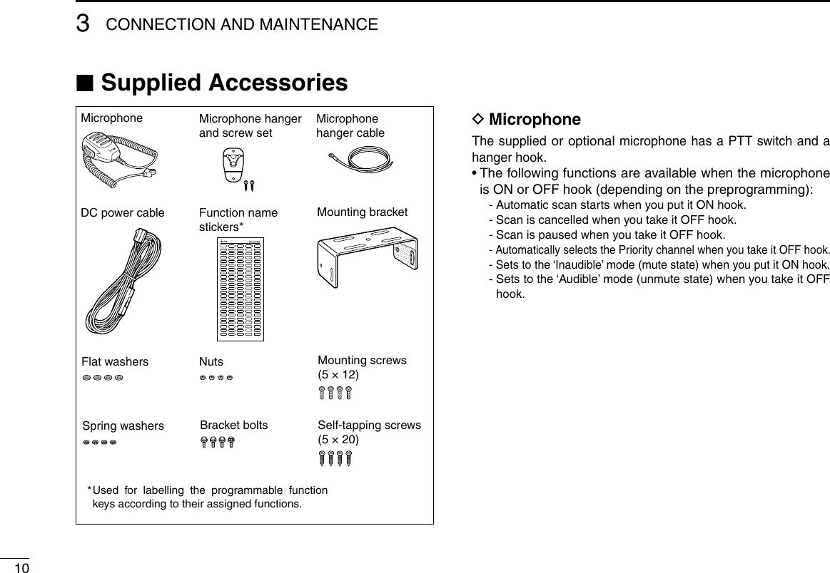 103CONNECTION AND MAINTENANCE ■Supplied Accessories DMicrophoneThe supplied or optional microphone has a PTT switch and a hanger hook.•  The following functions are available when the microphone is ON or OFF hook (depending on the preprogramming):  - Automatic scan starts when you put it ON hook.  - Scan is cancelled when you take it OFF hook.  - Scan is paused when you take it OFF hook.  -  Automatically selects the Priority channel when you take it OFF hook.  -  Sets to the ‘Inaudible’ mode (mute state) when you put it ON hook.  -  Sets to the ‘Audible’ mode (unmute state) when you take it OFF hook.Microphone Microphone hanger and screw setMicrophone hanger cableDC power cableFlat washersSpring washers Bracket boltsMounting screws (5 × 12)Self-tapping screws (5 × 20)NutsFunction name stickers*Used  for  labelling  the  programmable  function keys according to their assigned functions.*Mounting bracket