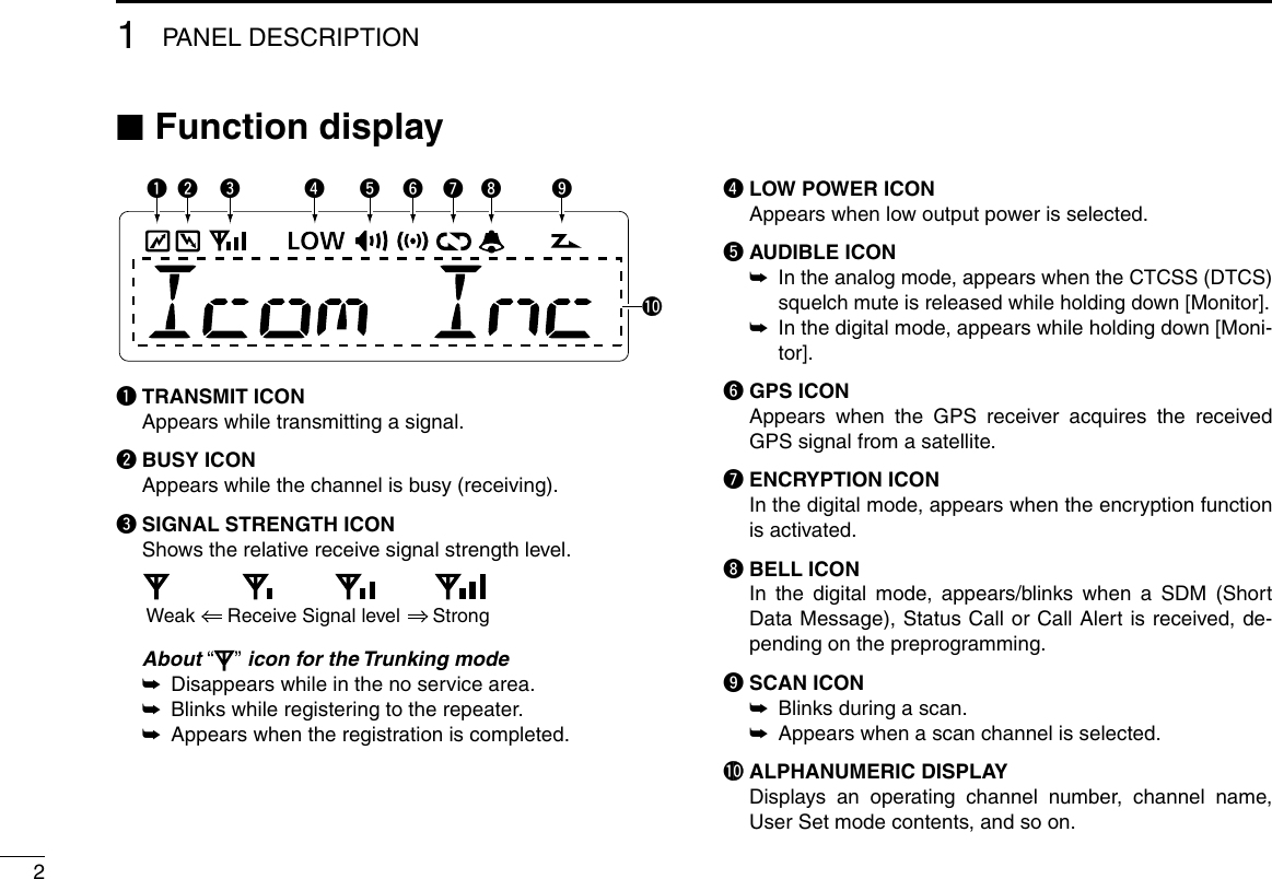 21PANEL DESCRIPTION ■Function displayq w e r t y u i o!0q TRANSMIT ICON Appears while transmitting a signal.w BUSY ICON Appears while the channel is busy (receiving).e SIGNAL STRENGTH ICON Shows the relative receive signal strength level.Weak      Receive Signal level      Strong  About “ ” icon for the Trunking mode ➥ Disappears while in the no service area. ➥ Blinks while registering to the repeater. ➥ Appears when the registration is completed.r LOW POWER ICON Appears when low output power is selected.t AUDIBLE ICON ➥ In the analog mode, appears when the CTCSS (DTCS) squelch mute is released while holding down [Monitor]. ➥ In the digital mode, appears while holding down [Moni-tor].y GPS ICON   Appears when the GPS receiver acquires the received GPS signal from a satellite.u ENCRYPTION ICON   In the digital mode, appears when the encryption function is activated.i BELL ICON   In the digital mode, appears/blinks when a SDM (Short Data Message), Status Call or Call Alert is received, de-pending on the preprogramming.o SCAN ICON ➥ Blinks during a scan. ➥ Appears when a scan channel is selected.!0 ALPHANUMERIC DISPLAY  Displays an operating channel number, channel name, User Set mode contents, and so on.