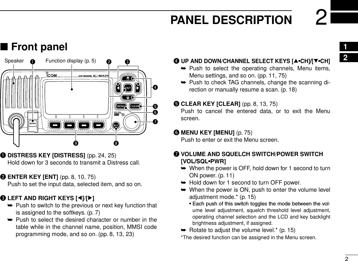 22PANEL DESCRIPTION12345678910111213141516Front panel ■tuywerioqFunction display (p. 5)Speakerq DISTRESS KEY [DISTRESS] (pp. 24, 25)   Hold down for 3 seconds to transmit a Distress call.w  ENTER KEY [ENT] (pp. 8, 10, 75)   Push to set the input data, selected item, and so on.e LEFT AND RIGHT KEYS [Ω]/[≈] Push to switch to the previous or next key function that  ➥is assigned to the softkeys. (p. 7) Push to select the desired character or number in the  ➥table while in the channel name, position, MMSI code  programming mode, and so on. (pp. 8, 13, 23)r  UP AND DOWN/CHANNEL SELECT KEYS [∫•CH]/[√•CH] Push  to  select  the  operating  channels,  Menu  items,  ➥Menu settings, and so on. (pp. 11, 75)  ➥Push to check TAG channels, change the scanning di-rection or manually resume a scan. (p. 18)t CLEAR KEY [CLEAR] (pp. 8, 13, 75)  Push  to  cancel  the  entered  data,  or  to  exit  the  Menu screen.y MENU KEY [MENU] (p. 75)  Push to enter or exit the Menu screen.u  VOLUME AND SQUELCH SWITCH/POWER SWITCH  [VOL/SQL•PWR] When the power is OFF, hold down for 1 second to turn  ➥ON power. (p. 11)Hold down for 1 second to turn OFF power. ➥ When the power is ON, push to enter the volume level  ➥adjustment mode.* (p. 15)  •Eachpushofthisswitchtogglesthemodebetweenthevol-ume  level  adjustment,  squelch  threshold  level  adjustment, operating channel selection and the LCD and key backlight brightness adjustment, if assigned. Rotate to adjust the volume level.* (p. 15) ➥  *The desired function can be assigned in the Menu screen.