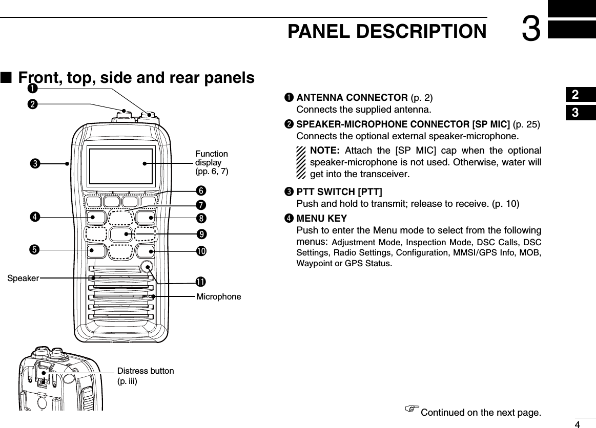 43PANEL DESCRIPTION12345678910111213141516Front, top, side and rear panels ■Distress button(p. iii)Functiondisplay (pp. 6, 7)Microphonetreywq!0iuoSpeaker !1/+%q ANTENNA CONNECTOR (p. 2)  Connects the supplied antenna.w  SPEAKER-MICROPHONE CONNECTOR [SP MIC] (p. 25)  Connects the optional external speaker-microphone.   NOTE:  Attach  the  [SP  MIC]  cap  when  the  optional speaker-microphone is not used. Otherwise, water will get into the transceiver.e PTT SWITCH [PTT] Push and hold to transmit; release to receive. (p. 10)r MENU KEY   Push to enter the Menu mode to select from the following menus: Adjustment Mode, Inspection Mode, DSC Calls, DSC Settings, Radio Settings, Configuration, MMSI/GPS Info, MOB, Waypoint or GPS Status.Continued on the next page.