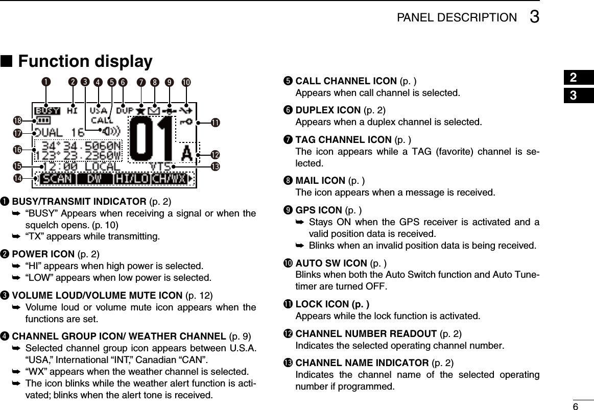 63PANEL DESCRIPTION12345678910111213141516Function display  ■q!4wert y uio!0!1!2!3!5!6!7!8q BUSY/TRANSMIT INDICATOR (p. 2) “BUSY” Appears when receiving a signal or when the  ➥squelch opens. (p. 10)“TX” appears while transmitting.  ➥w POWER ICON (p. 2)“HI” appears when high power is selected. ➥“LOW” appears when low power is selected. ➥e VOLUME LOUD/VOLUME MUTE ICON (p. 12) Volume  loud or  volume mute icon  appears when  the  ➥functions are set. r CHANNEL GROUP ICON/ WEATHER CHANNEL (p. 9) Selected channel group icon appears between U.S.A.  ➥“USA,” International “INT,” Canadian “CAN”. “WX” appears when the weather channel is selected. ➥ The icon blinks while the weather alert function is acti- ➥vated; blinks when the alert tone is received.t CALL CHANNEL ICON (p. ) Appears when call channel is selected.y DUPLEX ICON (p. 2)  Appears when a duplex channel is selected.u TAG CHANNEL ICON (p. )    The  icon  appears  while  a  TAG  (favorite) channel  is  se-lected.i MAIL ICON (p. )   The icon appears when a message is received.o GPS ICON (p. ) Stays  ON  when the GPS  receiver  is activated and a  ➥valid position data is received.Blinks when an invalid position data is being received. ➥!0 AUTO SW ICON (p. )   Blinks when both the Auto Switch function and Auto Tune-timer are turned OFF.!1 LOCK ICON (p. ) Appears while the lock function is activated.!2 CHANNEL NUMBER READOUT (p. 2)  Indicates the selected operating channel number.!3 CHANNEL NAME INDICATOR (p. 2)   Indicates  the  channel  name  of  the  selected  operating number if programmed. 