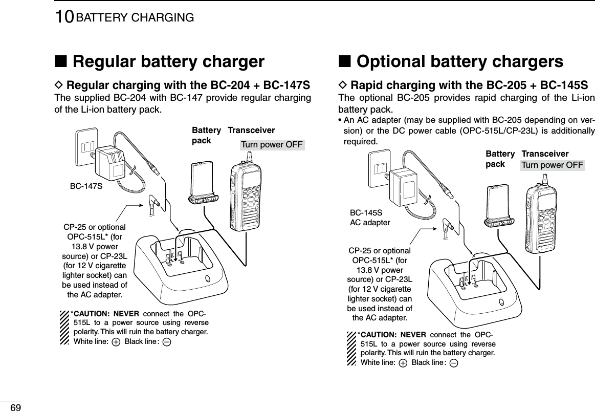 6910BATTERY CHARGINGRegular battery charger ■Regular charging with the BC-204 + BC-147S DThe supplied BC-204 with BC-147 provide regular charging of the Li-ion battery pack.BC-147SCP-25 or optional OPC-515L* (for 13.8 V power source) or CP-23L (for 12 V cigarette lighter socket) can be used instead of the AC adapter.TransceiverBatterypack Tu rn power OFFCAUTION:  NEVER  connect  the  OPC-515L  to  a  power  source  using  reverse polarity. This will ruin the battery charger.White line:        Black line :*Optional battery chargers ■Rapid charging with the BC-205 + BC-145S DThe  optional  BC-205  provides  rapid  charging  of  the  Li-ion battery pack.•AnACadapter(maybesuppliedwithBC-205dependingonver-sion) or the DC power cable (OPC-515L/CP-23L) is additionally required.BC-145SAC adapterCP-25 or optional OPC-515L* (for 13.8 V power source) or CP-23L (for 12 V cigarette lighter socket) can be used instead of the AC adapter.TransceiverBatterypack Tu rn power OFFCAUTION:  NEVER  connect  the  OPC-515L  to  a  power  source  using  reverse polarity. This will ruin the battery charger.White line:        Black line :*