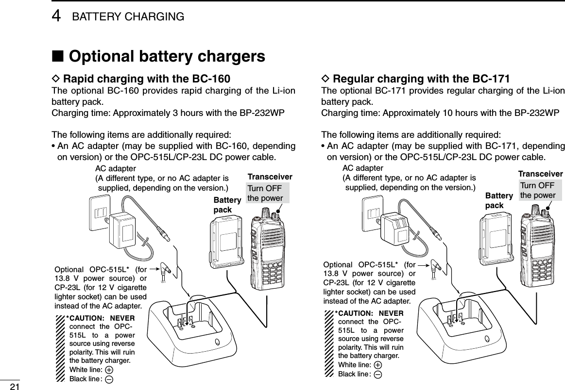 4BATTERY CHARGING21Optional battery chargers ■Rapid charging with the BC-160 DThe optional BC-160 provides rapid charging of the Li-ion battery pack.Charging time: Approximately 3 hours with the BP-232WPThe following items are additionally required:•  An AC adapter (may be supplied with BC-160, depending on version) or the OPC-515L/CP-23L DC power cable.AC adapter(A different type, or no AC adapter is supplied, depending on the version.)TransceiverBatterypackOptional  OPC-515L* (for 13.8  V  power  source) or CP-23L  (for  12 V  cigarette lighter socket) can be used instead of the AC adapter.CAUTION: NEVER connect  the OPC-515L to a power source using reverse polarity. This will ruin the battery charger.White line:        Black line :*Tu rn OFFthe powerRegular charging with the BC-171 DThe optional BC-171 provides regular charging of the Li-ion battery pack.Charging time: Approximately 10 hours with the BP-232WPThe following items are additionally required:•  An AC adapter (may be supplied with BC-171, depending on version) or the OPC-515L/CP-23L DC power cable.AC adapter(A different type, or no AC adapter is supplied, depending on the version.)TransceiverBatterypackOptional  OPC-515L* (for 13.8  V  power  source) or CP-23L  (for  12 V  cigarette lighter socket) can be used instead of the AC adapter.CAUTION: NEVER connect  the OPC-515L to a power source using reverse polarity. This will ruin the battery charger.White line:        Black line :*Tu rn OFFthe power