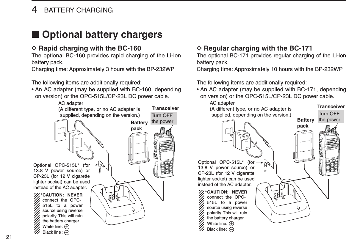 4BATTERY CHARGING21Optional battery chargers ■Rapid charging with the BC-160 DThe optional BC-160 provides rapid charging of the Li-ion battery pack.Charging time: Approximately 3 hours with the BP-232WPThe following items are additionally required:•  An AC adapter (may be supplied with BC-160, depending on version) or the OPC-515L/CP-23L DC power cable.AC adapter(A different type, or no AC adapter is supplied, depending on the version.)TransceiverBatterypackOptional  OPC-515L* (for 13.8  V  power  source) or CP-23L  (for  12 V  cigarette lighter socket) can be used instead of the AC adapter.CAUTION: NEVER connect  the OPC-515L to a power source using reverse polarity. This will ruin the battery charger.White line:        Black line :*Tu rn OFFthe powerRegular charging with the BC-171 DThe optional BC-171 provides regular charging of the Li-ion battery pack.Charging time: Approximately 10 hours with the BP-232WPThe following items are additionally required:•  An AC adapter (may be supplied with BC-171, depending on version) or the OPC-515L/CP-23L DC power cable.AC adapter(A different type, or no AC adapter is supplied, depending on the version.)TransceiverBatterypackOptional  OPC-515L* (for 13.8  V  power  source) or CP-23L  (for  12 V  cigarette lighter socket) can be used instead of the AC adapter.CAUTION: NEVER connect  the OPC-515L to a power source using reverse polarity. This will ruin the battery charger.White line:        Black line :*Tu rn OFFthe power