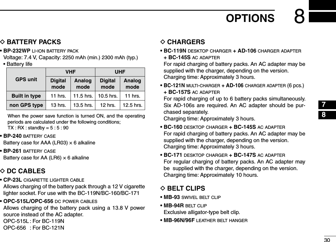 308OPTIONS12345678910111213141516BATTERY PACKS D•  BP-232WP l i -i o n  b at t e r y  p a c k   Voltage: 7.4 V, Capacity: 2250 mAh (min.) 2300 mAh (typ.)  • Battery lifeGPS unitVHF UHFDigitalmodeAnalogmode Digitalmode Analogmode Built in type 11 hrs. 11.5 hrs. 10.5 hrs. 11 hrs.non GPS type 13 hrs. 13.5 hrs. 12 hrs. 12.5 hrs.  When the power save function is turned ON, and the operating periods are calculated under the following conditions;   TX : RX : standby = 5 : 5 : 90•  BP-240 b at t e r y  c a s e  Battery case for AAA (LR03) × 6 alkaline•  BP-261 b at t e r y  c a s e  Battery case for AA (LR6) × 6 alkalineDC CABLES D• CP-23L c i g a r e t t e  l i g h t e r  c a b l e   Allows charging of the battery pack through a 12 V cigarette lighter socket. For use with the BC-119N/BC-160/BC-171• OPC-515L/OPC-656 d c  p o w e r  c a b l e s   Allows charging of the battery pack using a 13.8 V power source instead of the AC adapter.  OPC-515L : For BC-119N  OPC-656  : For BC-121NCHARGERS D•  BC-119N d e s k t o p  c h a r g e r  + AD-106 c h a r g e r  a d a p t e r  + BC-145S a c  a d a p t e r   For rapid charging of battery packs. An AC adapter may be  supplied with the charger, depending on the version.   Charging time:  Approximately 3 hours.•  BC-121N m u l t i -c h a r g e r  + AD-106 c h a r g e r  a d a p t e r  (6 pcs.)  + BC-157S a c  a d a p t e r   For rapid charging of up to 6 battery packs simultaneously. Six AD-106s are  required.  An  AC adapter should  be  pur-chased separately.  Charging time:  Approximately 3 hours.•  BC-160 d e s k t o p  c h a r g e r  + BC-145S a c  a d a p t e r   For rapid charging of battery packs. An AC adapter may be  supplied with the charger, depending on the version.  Charging time:  Approximately 3 hours.•  BC-171 d e s k t o p  c h a r g e r  + BC-147S a c  a d a p t e r   For regular charging of battery packs. An AC adapter may be  supplied with the charger, depending on the version.   Charging time:  Approximately 10 hours.BELT CLIPS D• MB-93 s w i v e l  b e lt  c l i p• MB-94R b e lt  c l i p   Exclusive alligator-type belt clip. • MB-96N/96F l e at h e r  b e lt  h a n g e r