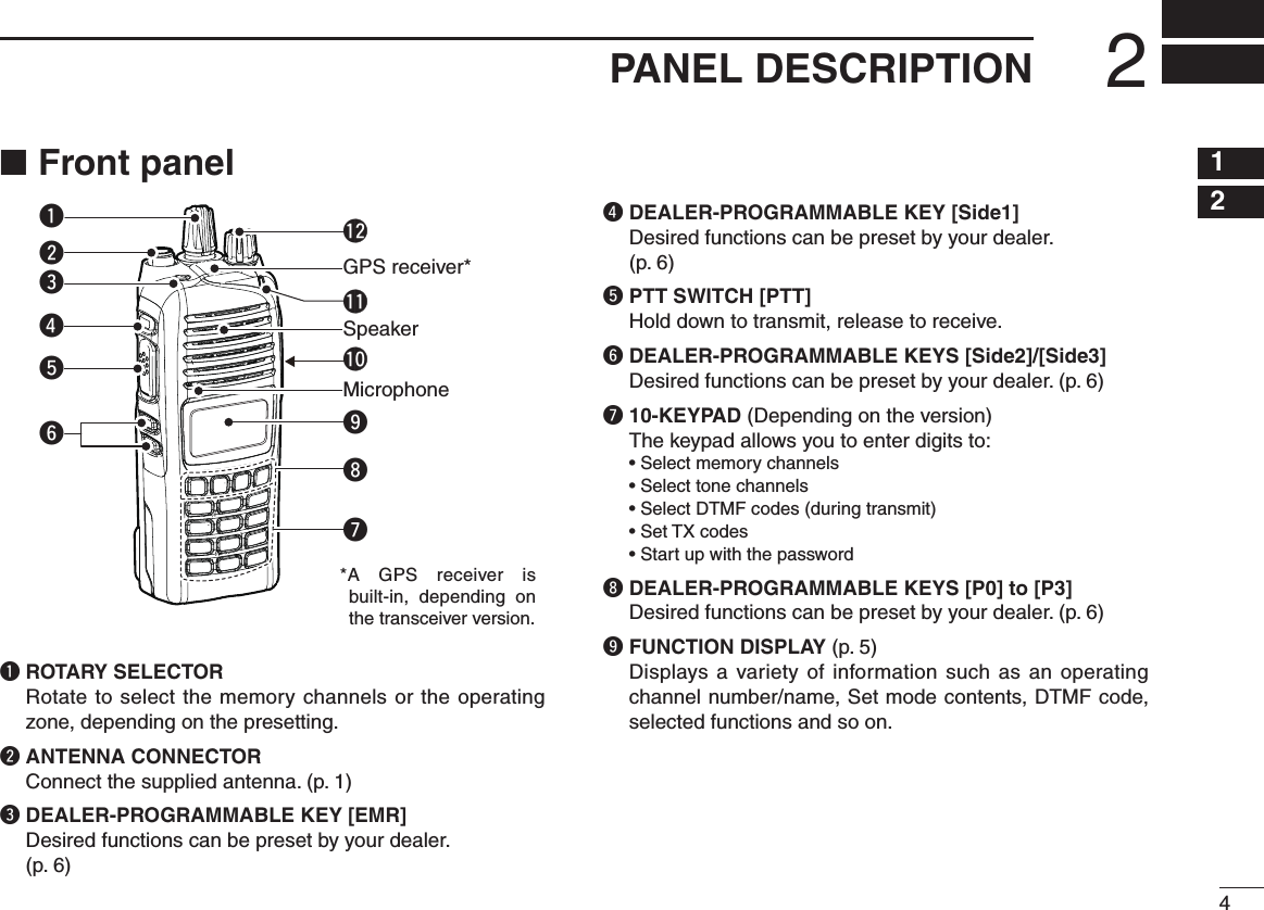 42PANEL DESCRIPTION12345678910111213141516Front panel ■wetryq!1!0o!2uiMicrophoneSpeakerGPS receiver**A GPS  receiver is built-in, depending on the transceiver version.q ROTARY SELECTORRotate to select the memory channels or the operating zone, depending on the presetting.w ANTENNA CONNECTORConnect the supplied antenna. (p. 1)e DEALER-PROGRAMMABLE KEY [EMR]Desired functions can be preset by your dealer.   (p. 6)r DEALER-PROGRAMMABLE KEY [Side1] Desired functions can be preset by your dealer.   (p. 6)t PTT SWITCH [PTT]Hold down to transmit, release to receive.y DEALER-PROGRAMMABLE KEYS [Side2]/[Side3]Desired functions can be preset by your dealer. (p. 6)u 10-KEYPAD (Depending on the version)The keypad allows you to enter digits to:  • Select memory channels  • Select tone channels  • Select DTMF codes (during transmit)  • Set TX codes  • Start up with the passwordi  DEALER-PROGRAMMABLE KEYS [P0] to [P3]Desired functions can be preset by your dealer. (p. 6)o FUNCTION DISPLAY (p. 5)Displays a variety of information such as an operating channel number/name, Set mode contents, DTMF code, selected functions and so on.