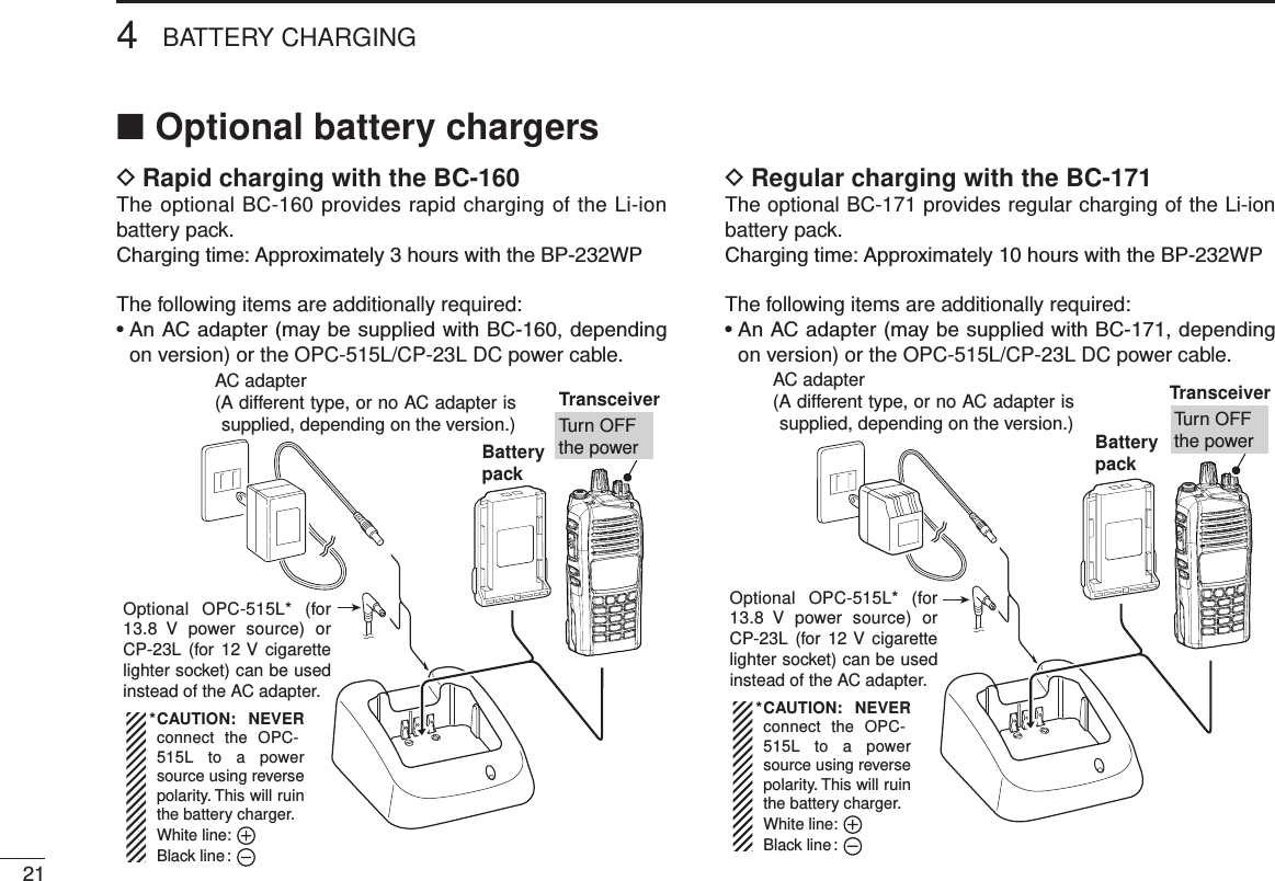 4BATTERY CHARGING21Optional battery chargers ■Rapid charging with the BC-160 DThe optional BC-160 provides rapid charging of the Li-ion battery pack.Charging time: Approximately 3 hours with the BP-232WPThe following items are additionally required:•  An AC adapter (may be supplied with BC-160, depending on version) or the OPC-515L/CP-23L DC power cable.AC adapter(A different type, or no AC adapter is supplied, depending on the version.)TransceiverBatterypackOptional  OPC-515L* (for 13.8  V  power  source) or CP-23L  (for  12 V  cigarette lighter socket) can be used instead of the AC adapter.CAUTION: NEVER connect  the OPC-515L to a power source using reverse polarity. This will ruin the battery charger.White line:        Black line :*Turn OFFthe powerRegular charging with the BC-171 DThe optional BC-171 provides regular charging of the Li-ion battery pack.Charging time: Approximately 10 hours with the BP-232WPThe following items are additionally required:•  An AC adapter (may be supplied with BC-171, depending on version) or the OPC-515L/CP-23L DC power cable.AC adapter(A different type, or no AC adapter is supplied, depending on the version.)TransceiverBatterypackOptional  OPC-515L* (for 13.8  V  power  source) or CP-23L  (for  12 V  cigarette lighter socket) can be used instead of the AC adapter.CAUTION: NEVER connect  the OPC-515L to a power source using reverse polarity. This will ruin the battery charger.White line:        Black line :*Turn OFFthe power