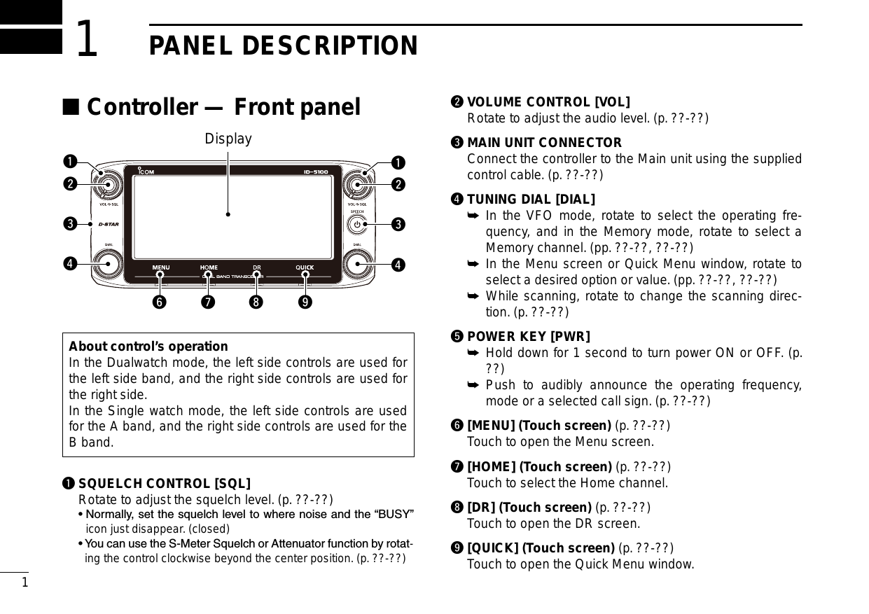 1New2001New2001PANEL DESCRIPTION1New2001ID-5100qqwwerrey u i oDisplayq SQUELCH CONTROL [SQL]  Rotate to adjust the squelch level. (p. ??-??)  •  Normally, set the squelch level to where noise and the “BUSY” icon just disappear. (closed)  •  You can use the S-Meter Squelch or Attenuator function by rotat-ing the control clockwise beyond the center position. (p. ??-??)About control’s operationIn the Dualwatch mode, the left side controls are used for the left side band, and the right side controls are used for the right side.In the Single watch mode, the left side controls are used for the A band, and the right side controls are used for the B band.Controller — Front panel ■w VOLUME CONTROL [VOL]  Rotate to adjust the audio level. (p. ??-??)e MAIN UNIT CONNECTOR  Connect the controller to the Main unit using the supplied control cable. (p. ??-??)r TUNING DIAL [DIAL] In the VFO mode, rotate to select the operating fre- ➥quency, and in the Memory mode, rotate to select a Memory channel. (pp. ??-??, ??-??) In the Menu screen or Quick Menu window, rotate to  ➥select a desired option or value. (pp. ??-??, ??-??) While scanning, rotate to change the scanning direc- ➥tion. (p. ??-??)t POWER KEY [PWR] Hold down for 1 second to turn power ON or OFF. (p.  ➥??) Push to audibly announce the operating frequency,  ➥mode or a selected call sign. (p. ??-??)y [MENU] (Touch screen) (p. ??-??)  Touch to open the Menu screen.u [HOME] (Touch screen) (p. ??-??)  Touch to select the Home channel.i [DR] (Touch screen) (p. ??-??)  Touch to open the DR screen.o [QUICK] (Touch screen) (p. ??-??)  Touch to open the Quick Menu window.