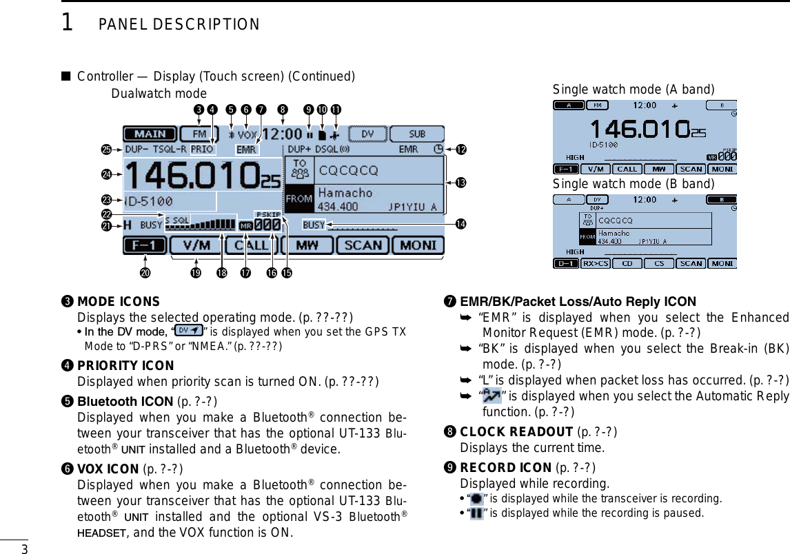 31PANEL DESCRIPTIONNew2001 New2001e MODE ICONS  Displays the selected operating mode. (p. ??-??)  •  In the DV mode, “ ” is displayed when you set the GPS TX Mode to “D-PRS” or “NMEA.” (p. ??-??)r PRIORITY ICON  Displayed when priority scan is turned ON. (p. ??-??)tBluetoothICON (p. ?-?)  Displayed when you make a Bluetooth® connection be-tween your transceiver that has the optional UT-133 Blu-etooth® UNIT installed and a Bluetooth® device.y VOX ICON (p. ?-?)  Displayed when you make a Bluetooth® connection be-tween your transceiver that has the optional UT-133 Blu-etooth® UNIT installed and the optional VS-3 Bluetooth® HEADSET, and the VOX function is ON.u EMR/BK/PacketLoss/AutoReplyICON“ EMR” is displayed when you select the Enhanced  ➥Monitor Request (EMR) mode. (p. ?-?)“ BK” is displayed when you select the Break-in (BK)  ➥mode. (p. ?-?)“ L” is displayed when packet loss has occurred. (p. ?-?) ➥“  ➥” is displayed when you select the Automatic Reply function. (p. ?-?)i CLOCK READOUT (p. ?-?)  Displays the current time.o RECORD ICON (p. ?-?)  Displayed while recording.  •  “ ” is displayed while the transceiver is recording.  •  “ ” is displayed while the recording is paused.e r t y u i o !1!0!2Dualwatch mode Single watch mode (A band)Single watch mode (B band)Controller — Display (Touch screen) (Continued) ■@5!3!4!9 !5!6!8 !7@0@1@2@3@4