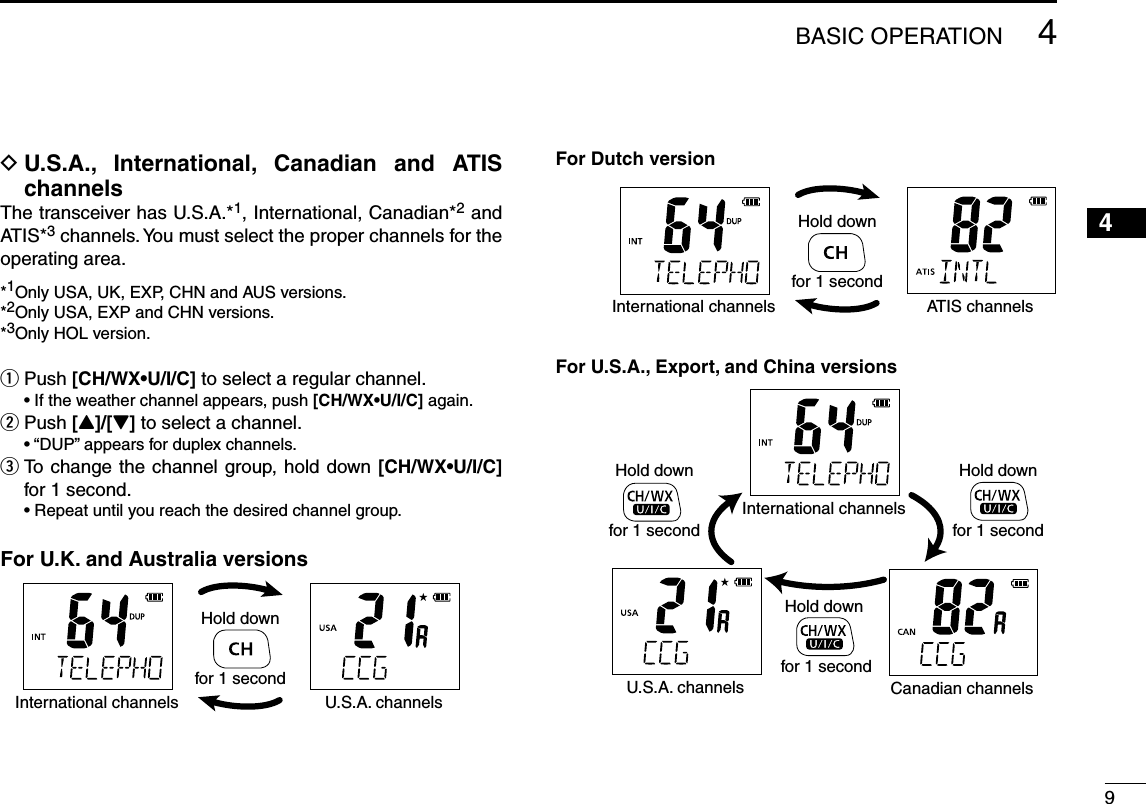 94BASIC OPERATION245789  DU.S.A., International, Canadian and ATIS  channelsThe transceiver has U.S.A.*1, International, Canadian*2 and ATIS*3 channels. You must select the proper channels for the operating area.*1Only USA, UK, EXP, CHN and AUS versions.*2Only USA, EXP and CHN versions.*3Only HOL version.Push  q;#(78s5)#= to select a regular channel. s)FTHEWEATHERCHANNELAPPEARSPUSH;#(78s5)#= again.Push  w[Y]/[Z] to select a channel. sh$50vAPPEARSFORDUPLEXCHANNELS  e To change the channel group, hold down ;#(78s5)#= for 1 second. s2EPEATUNTILYOUREACHTHEDESIREDCHANNELGROUPFor U.K. and Australia versionsU.S.A. channelsInternational channelsHold downfor 1 secondHold downfor 1 secondHold down for 1 secondHold downfor 1 secondHold downfor 1 secondFor Dutch versionFor U.S.A., Export, and China versionsInternational channelsInternational channelsU.S.A. channelsATIS channelsCanadian channels