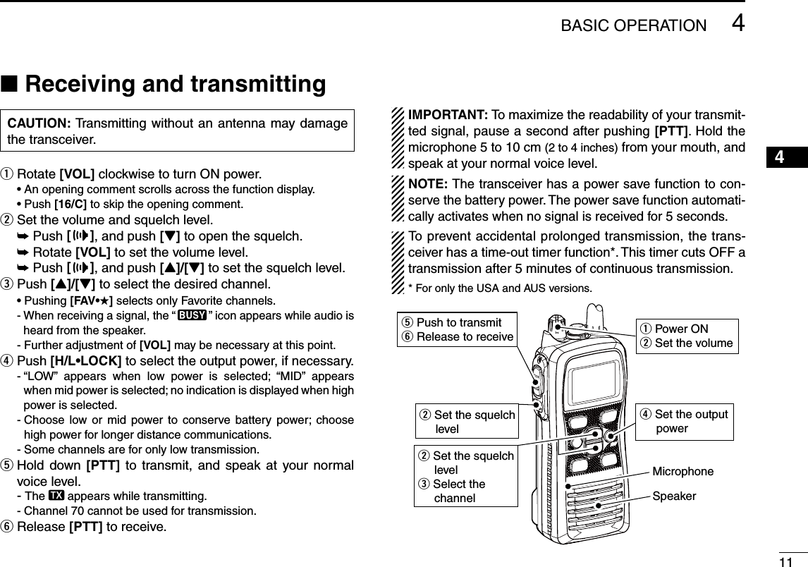 114BASIC OPERATION245789N Receiving and transmittingCAUTION: Transmitting without an antenna may damage the transceiver.Rotate  q[VOL] clockwise to turn ON power. s!NOPENINGCOMMENTSCROLLSACROSSTHEFUNCTIONDISPLAY s0USH;#= to skip the opening comment.Set the volume and squelch level. w ± Push [], and push [Z] to open the squelch. ± Rotate [VOL] to set the volume level. ± Push [], and push [Y]/[Z] to set the squelch level.Push  e[Y]/[Z] to select the desired channel. s0USHING;&amp;!6s(] selects only Favorite channels.-  When receiving a signal, the “ ” icon appears while audio is heard from the speaker.- Further adjustment of [VOL] may be necessary at this point. Push  r;(,s,/#+= to select the output power, if necessary.-  “LOW” appears when low power is selected; “MID” appears when mid power is selected; no indication is displayed when high power is selected.-  Choose low or mid power to conserve battery power; choose high power for longer distance communications.- Some channels are for only low transmission.  t Hold down [PTT] to transmit, and speak at your normal voice level.- The   appears while transmitting.- Channel 70 cannot be used for transmission.Release  y[PTT] to receive.IMPORTANT: To maximize the readability of your transmit-ted signal, pause a second after pushing [PTT]. Hold the microphone 5 to 10 cm (2 to 4 inches) from your mouth, and speak at your normal voice level.NOTE: The transceiver has a power save function to con-serve the battery power. The power save function automati-cally activates when no signal is received for 5 seconds.To prevent accidental prolonged transmission, the trans-ceiver has a time-out timer function*. This timer cuts OFF a transmission after 5 minutes of continuous transmission.* For only the USA and AUS versions.q Power ONw Set the volumew Set the squelch levelw Set the squelch levele Select the channelr Set the output     powert Push to transmity Release to receiveMicrophoneSpeaker
