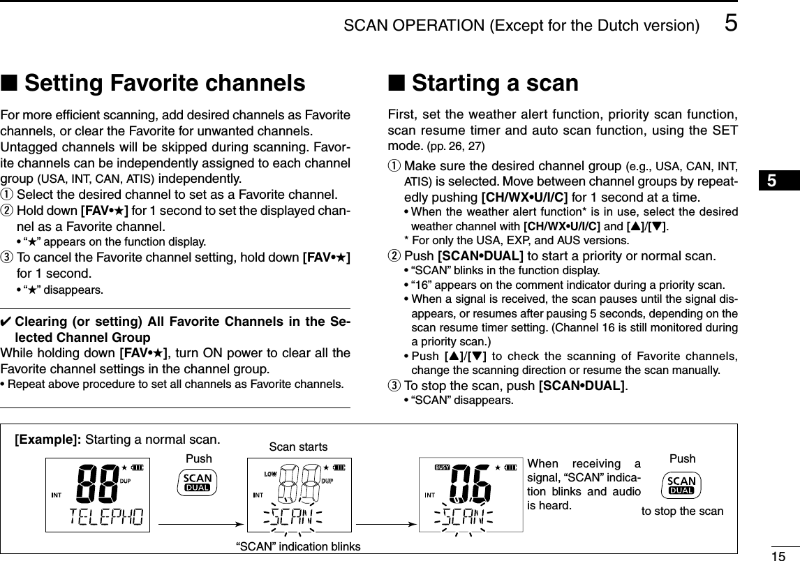 155SCAN OPERATION (Except for the Dutch version)245789N Setting Favorite channelsFor more efﬁcient scanning, add desired channels as Favorite channels, or clear the Favorite for unwanted channels.Untagged channels will be skipped during scanning. Favor-ite channels can be independently assigned to each channel group (USA, INT, CAN, ATIS) independently.Select the desired channel to set as a Favorite channel. q Hold down  w;&amp;!6s(] for 1 second to set the displayed chan-nel as a Favorite channel.sh(” appears on the function display. To cancel the Favorite channel setting, hold down  e;&amp;!6s(] for 1 second.sh(” disappears.#LEARINGORSETTING!LL&amp;AVORITE#HANNELSINTHE 3E-lected Channel GroupWhile holding down ;&amp;!6s(], turn ON power to clear all the Favorite channel settings in the channel group.s2EPEATABOVEPROCEDURETOSETALLCHANNELSAS&amp;AVORITECHANNELSN Starting a scanFirst, set the weather alert function, priority scan function, scan resume timer and auto scan function, using the SET mode. (pp. 26, 27)q  Make sure the desired channel group (e.g., USA, CAN, INT, ATIS) is selected. Move between channel groups by repeat-edly pushing ;#(78s5)#= for 1 second at a time.s7HENTHEWEATHERALERTFUNCTIONISINUSESELECTTHEDESIREDweather channel with ;#(78s5)#= and [Y]/[Z].  * For only the USA, EXP, and AUS versions.w Push ;3#!.s$5!,= to start a priority or normal scan. sh3#!.vBLINKSINTHEFUNCTIONDISPLAY shvAPPEARSONTHECOMMENTINDICATORDURINGAPRIORITYSCANsWhen a signal is received, the scan pauses until the signal dis-appears, or resumes after pausing 5 seconds, depending on the scan resume timer setting. (Channel 16 is still monitored during a priority scan.) s0USH [Y]/[Z] to check the scanning of Favorite channels, change the scanning direction or resume the scan manually.e To stop the scan, push ;3#!.s$5!,=. sh3#!.vDISAPPEARSScan starts“SCAN” indication blinksPush Pushto stop the scanWhen receiving a signal, “SCAN” indica-tion blinks and audio is heard.[Example]: Starting a normal scan.