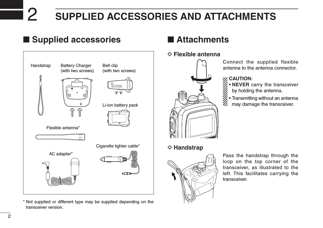 2SUPPLIED ACCESSORIES AND ATTACHMENTS2N Supplied accessories N Attachments DFlexible antennaConnect the supplied flexible antenna to the antenna connector.CAUTION: s.%6%2 carry the transceiver by holding the antenna.s4RANSMITTINGWITHOUTANANTENNAmay damage the transceiver. DHandstrapPass the handstrap through the loop on the top corner of the transceiver, as illustrated to the left. This facilitates carrying the transceiver.Flexible antenna*Cigarette lighter cable*Handstrap Battery Charger(with two screws)Belt clip(with two screws)Li-ion battery packAC adapter**  Not supplied or different type may be supplied depending on the transceiver version.