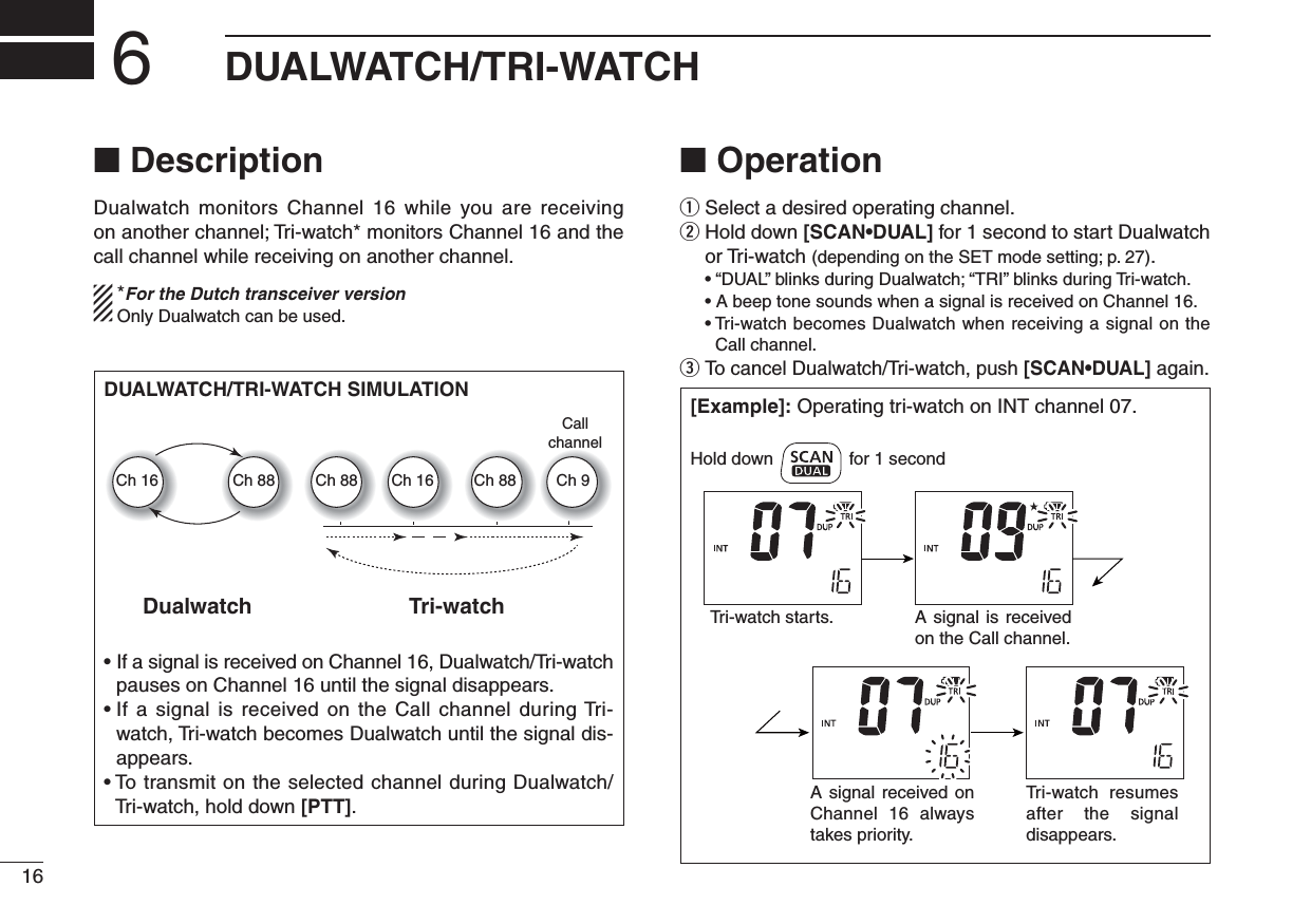 16DUALWATCH/TRI-WATCH6N DescriptionDualwatch monitors Channel 16 while you are receiving  on another channel; Tri-watch* monitors Channel 16 and the call channel while receiving on another channel. *For the Dutch transceiver version Only Dualwatch can be used. N Operationq Select a desired operating channel.w  Hold down ;3#!.s$5!,= for 1 second to start Dualwatch or Tri-watch (depending on the SET mode setting; p. 27). sh$5!,vBLINKSDURING$UALWATCHh42)vBLINKSDURING4RIWATCH s!BEEPTONESOUNDSWHENASIGNALISRECEIVEDON#HANNELs4RIWATCHBECOMES$UALWATCHWHENRECEIVINGASIGNALONTHECall channel.e To cancel Dualwatch/Tri-watch, push ;3#!.s$5!,= again.DUALWATCH/TRI-WATCH SIMULATIONDualwatch Tri-watchCallchannelCh 88Ch 16 Ch 88 Ch 16 Ch 88 Ch 9s)FASIGNALISRECEIVEDON#HANNEL$UALWATCH4RIWATCHpauses on Channel 16 until the signal disappears.s)FASIGNALIS RECEIVEDON THE #ALLCHANNELDURING4RIwatch, Tri-watch becomes Dualwatch until the signal dis-appears.s4OTRANSMITONTHESELECTEDCHANNELDURING$UALWATCHTri-watch, hold down [PTT].[Example]: Operating tri-watch on INT channel 07.A signal is received on the Call channel.A signal received on Channel 16 always takes priority.Tri-watch resumes after the signal disappears.Tri-watch starts.Hold down for 1 second