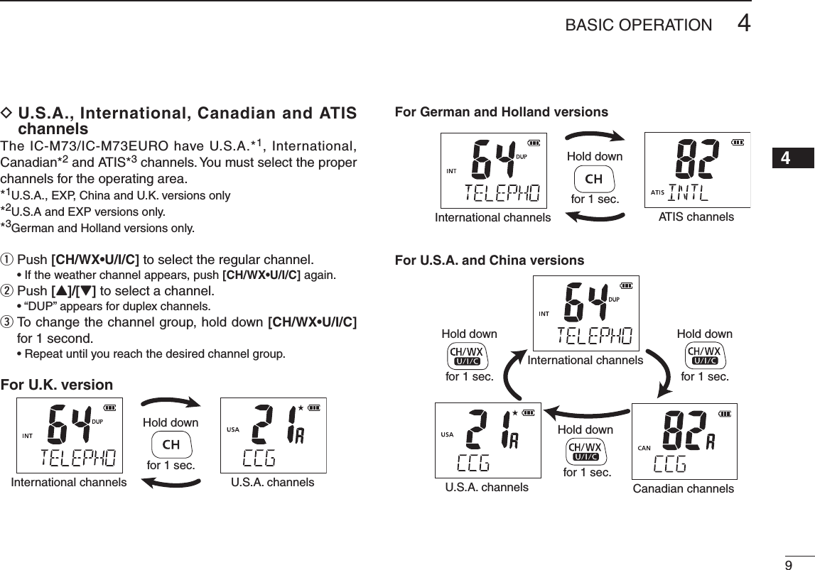 94BASIC OPERATION12345678910111213141516D  U.S.A., International, Canadian and ATIS  channelsThe IC-M73/IC-M73EURO have U.S.A.*1, International, Canadian*2 and ATIS*3 channels. You must select the proper channels for the operating area.*1U.S.A., EXP, China and U.K. versions only*2U.S.A and EXP versions only.*3German and Holland versions only.q Push [CH/WX•U/I/C] to select the regular channel. [CH/WX•U/I/C] again.w Push [Y]/[Z] to select a channel. e  To change the channel group, hold down [CH/WX•U/I/C] for 1 second. For U.K. versionU.S.A. channelsInternational channelsHold downfor 1 sec.Hold downfor 1 sec.Hold down for 1 sec.Hold downfor 1 sec.Hold downfor 1 sec.For German and Holland versionsFor U.S.A. and China versionsInternational channelsInternational channelsU.S.A. channelsATIS channelsCanadian channels