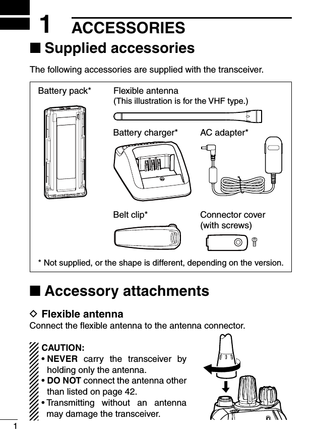 Accessory attachments ■Flexible antenna DConnect the ﬂexible antenna to the antenna connector.CAUTION:•฀฀NEVER  carry  the  transceiver  by holding only the antenna.•฀฀DO NOT connect the antenna other than listed on page 42.•฀฀Transmitting฀ without฀ an฀ antenna฀may damage the transceiver.Supplied accessories ■The following accessories are supplied with the transceiver.11ACCESSORIESBattery pack*Belt clip* Connector cover(with screws)Battery charger* AC adapter** Not supplied, or the shape is different, depending on the version.Flexible antenna(This illustration is for the VHF type.)