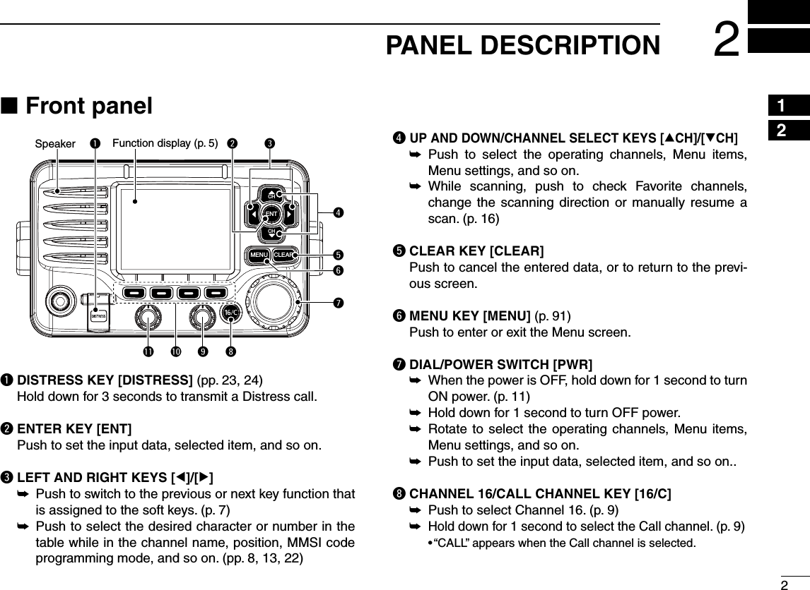 22PANEL DESCRIPTION12345678910111213141516Front panel Nq DISTRESS KEY [DISTRESS] (pp. 23, 24)  Hold down for 3 seconds to transmit a Distress call.w  ENTER KEY [ENT]  Push to set the input data, selected item, and so on.e LEFT AND RIGHT KEYS [Ω]/[≈] Push to switch to the previous or next key function that  ±is assigned to the soft keys. (p. 7) Push to select the desired character or number in the  ±table while in the channel name, position, MMSI code  programming mode, and so on. (pp. 8, 13, 22)r  UP AND DOWN/CHANNEL SELECT KEYS [∫CH]/[√CH] Push to select the operating channels, Menu items,  ±Menu settings, and so on.  While scanning, push to check Favorite channels,  ±change the scanning direction or manually resume a scan. (p. 16)t CLEAR KEY [CLEAR]  Push to cancel the entered data, or to return to the previ-ous screen.y MENU KEY [MENU] (p. 91)  Push to enter or exit the Menu screen.u  DIAL/POWER SWITCH [PWR] When the power is OFF, hold down for 1 second to turn  ±ON power. (p. 11)±  Hold down for 1 second to turn OFF power.±  Rotate to select the operating channels, Menu items, Menu settings, and so on.±  Push to set the input data, selected item, and so on..i CHANNEL 16/CALL CHANNEL KEY [16/C]±  Push to select Channel 16. (p. 9)±  Hold down for 1 second to select the Call channel. (p. 9)  sh#!,,vAPPEARSWHENTHE#ALLCHANNELISSELECTEDCLEARMENUENTCHCHtuyweriqo!0!1Function display (p. 5)Speaker