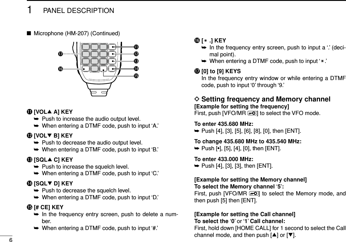 61PANEL DESCRIPTIONNew2001 New2001New2001!1 [VOL∫ A] KEYPush to increase the audio output level. ➥When entering a DTMF code, push to input ‘A.’ ➥!2 [VOL√ B] KEYPush to decrease the audio output level. ➥When entering a DTMF code, push to input ‘B.’ ➥!3 [SQL∫ C] KEYPush to increase the squelch level. ➥When entering a DTMF code, push to input ‘C.’ ➥!4 [SQL√ D] KEYPush to decrease the squelch level. ➥When entering a DTMF code, push to input ‘D.’ ➥!5 [# CE] KEY In the frequency entry screen, push to delete a num- ➥ber.When entering a DTMF code, push to input ‘#.’ ➥!6 [M .] KEY In the frequency entry screen, push to input a ‘.’ (deci- ➥mal point).When entering a DTMF code, push to input ‘ ➥M.’!7 [0] to [9] KEYS   In the frequency entry window or while entering a DTMF code, push to input ‘0’ through ‘9.’Setting frequency and Memory channel D[Example for setting the frequency]First, push [VFO/MR  ] to select the VFO mode.To enter 435.680 MHz:Push [4], [3], [5], [6], [8], [0], then [ENT]. ➥To change 435.680 MHz to 435.540 MHz:Push[•],[5],[4],[0],then[ENT]. ➥To enter 433.000 MHz:Push [4], [3], [3], then [ENT]. ➥[Example for setting the Memory channel]To select the Memory channel ‘5’:First, push [VFO/MR  ] to select the Memory mode, and then push [5] then [ENT].[Example for setting the Call channel]To select the ‘0’ or ‘1’ Call channel:First, hold down [HOME CALL] for 1 second to select the Call channel mode, and then push [∫] or [√].Microphone (HM-207) (Continued) ■!7!6!1!2!3!4!5