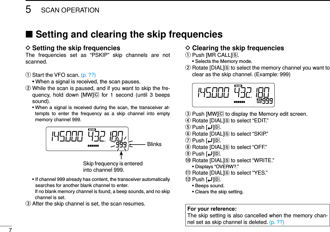 75SCAN OPERATIONNew2001 New2001New2001Setting the skip frequencies DThe  frequencies  set  as  “PSKIP”  skip  channels  are  not scanned. Start the VFO scan.  q(p. ??) •Whenasignalisreceived,thescanpauses. While the scan is paused, and if you want to skip the fre- wquency,  hold  down  [MW]C  for  1  second  (until  3  beeps sound). •Whena signalis receivedduring thescan, thetransceiverat-tempts  to  enter  the  frequency  as  a  skip  channel  into  empty memory channel 999.Skip frequency is entered into channel 999.Blinks •Ifchannel999alreadyhascontent,thetransceiverautomaticallysearches for another blank channel to enter.     If no blank memory channel is found, a beep sounds, and no skip channel is set. After the skip channel is set, the scan resumes. eSetting and clearing the skip frequencies ■For your reference:The skip setting is also cancelled when the memory chan-nel set as skip channel is deleted. (p. ??)Clearing the skip frequencies DPush [MR CALL] qS. •SelectstheMemorymode. Rotate [DIAL] wS to select the memory channel you want to clear as the skip channel. (Example: 999)  Push [MW] eC to display the Memory edit screen. Rotate [DIAL] rS to select “EDIT.”Push [ tï]D. Rotate [DIAL] yS to select “SKIP.”Push [ uï]D. Rotate [DIAL] iS to select “OFF.”Push [ oï]D.!0 Rotate [DIAL]S to select “WRITE.” •Displays“OVERW?.”!1 Rotate [DIAL]S to select “YES.”!2 Push [ï]D. •Beepssound. •Clearstheskipsetting.