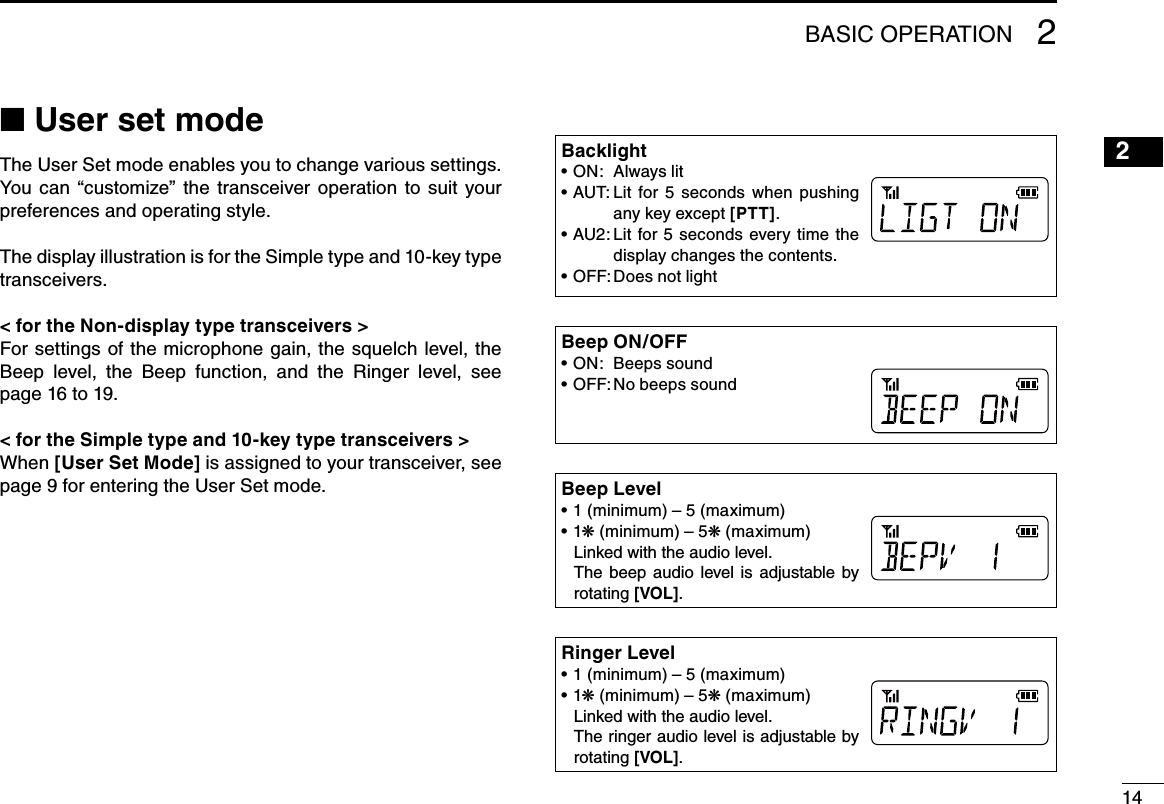 14216151413121110987654312BASIC OPERATION■ User set modeThe User Set mode enables you to change various settings. You  can  “customize”  the  transceiver  operation  to  suit  your preferences and operating style.The display illustration is for the Simple type and 10-key type transceivers.&lt; for the Non-display type transceivers &gt;For settings of the microphone gain, the squelch level, the Beep  level,  the  Beep  function,  and  the  Ringer  level,  see page 16 to 19.&lt; for the Simple type and 10-key type transceivers &gt;When [User Set Mode] is assigned to your transceiver, see page 9 for entering the User Set mode.BacklightON:  Always lit• AUT:  Lit  for  5  seconds  when  pushing • any key except [PTT].AU2:  Lit  for 5 seconds every  time the • display changes the contents. OFF: Does not light• Beep ON/OFFON:  Beeps sound• OFF: No beeps sound• Beep Level1 (minimum) – 5 (maximum)• 1•  ❋ (minimum) – 5❋ (maximum)   Linked with the audio level.    The  beep  audio  level  is  adjustable  by rotating [VOL].Ringer Level1 (minimum) – 5 (maximum)• 1•  ❋ (minimum) – 5❋ (maximum)   Linked with the audio level.    The ringer audio level is adjustable by rotating [VOL].