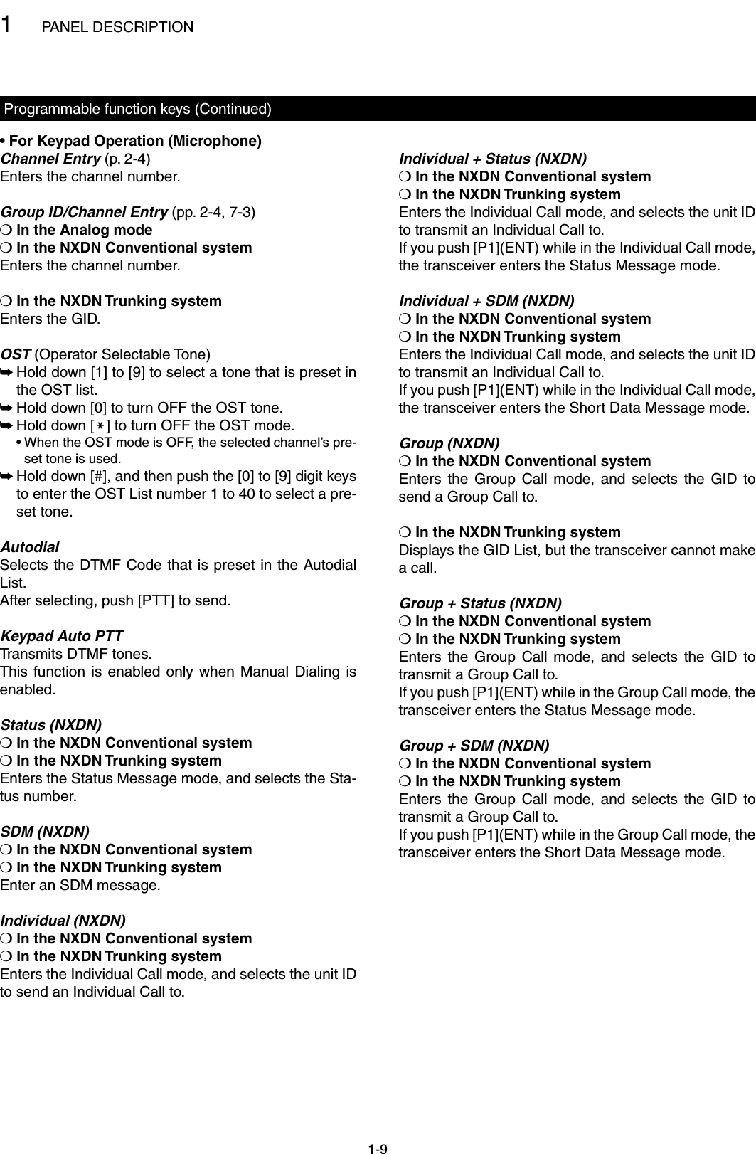1PANEL DESCRIPTION1-9• For Keypad Operation (Microphone)Channel Entry (p. 2-4)Enters the channel number.Group ID/Channel Entry (pp. 2-4, 7-3)❍ In the Analog mode❍ In the NXDN Conventional systemEnters the channel number.❍ In the NXDN Trunking systemEnters the GID.OST (Operator Selectable Tone) Hold down [1] to [9] to select a tone that is preset in  ➥the OST list.Hold down [0] to turn OFF the OST tone. ➥Hold down [ ➥M] to turn OFF the OST mode.  •  When the OST mode is OFF, the selected channel’s pre-set tone is used. Hold down [#], and then push the [0] to [9] digit keys  ➥to enter the OST List number 1 to 40 to select a pre-set tone.AutodialSelects the DTMF Code that is preset in the Autodial List.After selecting, push [PTT] to send.Keypad Auto PTTTransmits DTMF tones.This function  is  enabled  only  when  Manual Dialing  is enabled.Status (NXDN)❍ In the NXDN Conventional system❍ In the NXDN Trunking systemEnters the Status Message mode, and selects the Sta-tus number.SDM (NXDN)❍ In the NXDN Conventional system❍ In the NXDN Trunking systemEnter an SDM message.Individual (NXDN)❍ In the NXDN Conventional system❍ In the NXDN Trunking systemEnters the Individual Call mode, and selects the unit ID to send an Individual Call to.Individual + Status (NXDN)❍ In the NXDN Conventional system❍ In the NXDN Trunking systemEnters the Individual Call mode, and selects the unit ID to transmit an Individual Call to.If you push [P1](ENT) while in the Individual Call mode, the transceiver enters the Status Message mode.Individual + SDM (NXDN)❍ In the NXDN Conventional system❍ In the NXDN Trunking systemEnters the Individual Call mode, and selects the unit ID to transmit an Individual Call to.If you push [P1](ENT) while in the Individual Call mode, the transceiver enters the Short Data Message mode.Group (NXDN)❍ In the NXDN Conventional systemEnters  the  Group  Call  mode,  and  selects  the  GID  to send a Group Call to.❍ In the NXDN Trunking systemDisplays the GID List, but the transceiver cannot make a call.Group + Status (NXDN)❍ In the NXDN Conventional system❍ In the NXDN Trunking systemEnters  the  Group  Call  mode,  and  selects  the  GID  to transmit a Group Call to.If you push [P1](ENT) while in the Group Call mode, the transceiver enters the Status Message mode.Group + SDM (NXDN)❍ In the NXDN Conventional system❍ In the NXDN Trunking systemEnters  the  Group  Call  mode,  and  selects  the  GID  to transmit a Group Call to.If you push [P1](ENT) while in the Group Call mode, the transceiver enters the Short Data Message mode.Programmable function keys (Continued)