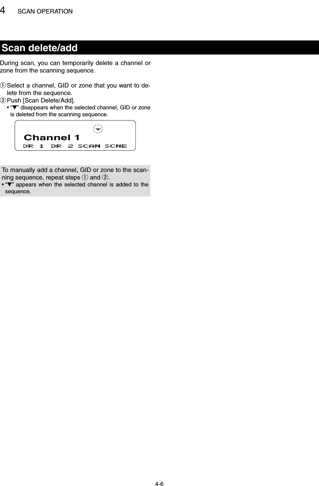 4SCAN OPERATION4-6Scan delete/addDuring scan, you can temporarily delete a channel or zone from the scanning sequence. Select a channel, GID or zone that you want to de- qlete from the sequence.Push [Scan Delete/Add]. w  •  “Ú” disappears when the selected channel, GID or zone is deleted from the scanning sequence.Channel 1To manually add a channel, GID or zone to the scan-ning sequence, repeat steps q and w.•  “Ú”  appears  when  the  selected  channel  is  added  to  the sequence.