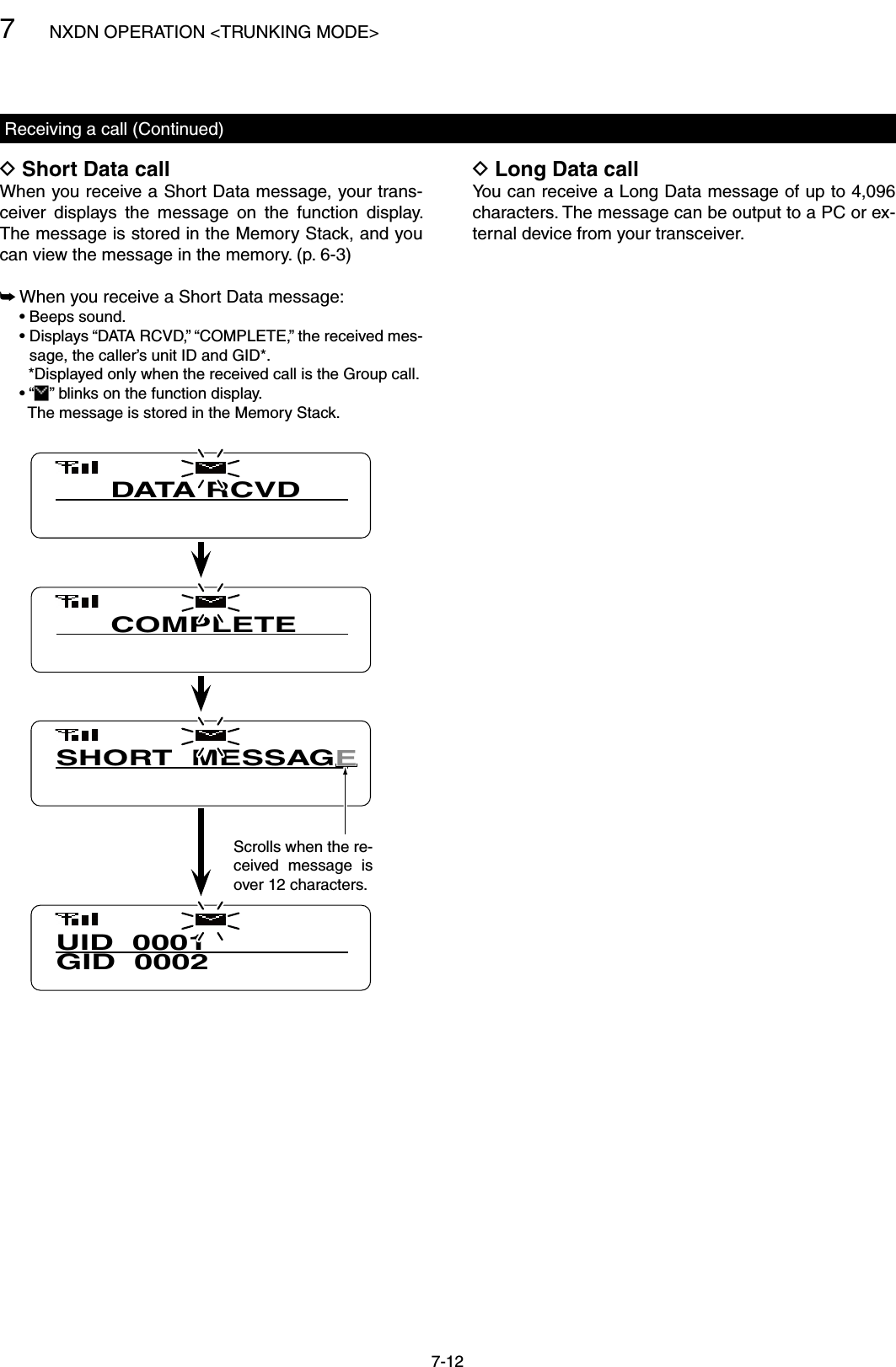 7NXDN OPERATION &lt;TRUNKING MODE&gt;7-12Short Data call DWhen you receive a Short Data message, your trans-ceiver  displays  the  message  on  the  function  display. The message is stored in the Memory Stack, and you can view the message in the memory. (p. 6-3) When you receive a Short Data message: ➥  • Beeps sound.  •  Displays “DATA RCVD,” “COMPLETE,” the received mes-sage, the caller’s unit ID and GID*.    *Displayed only when the received call is the Group call.  • “ ” blinks on the function display.    The message is stored in the Memory Stack.Long Data call DYou can receive a Long Data message of up to 4,096 characters. The message can be output to a PC or ex-ternal device from your transceiver.Receiving a call (Continued)UID  0001GID  0002COMPLETESHORT  MESSAGDATA RCVDScrolls when the re-ceived  message  is over 12 characters.