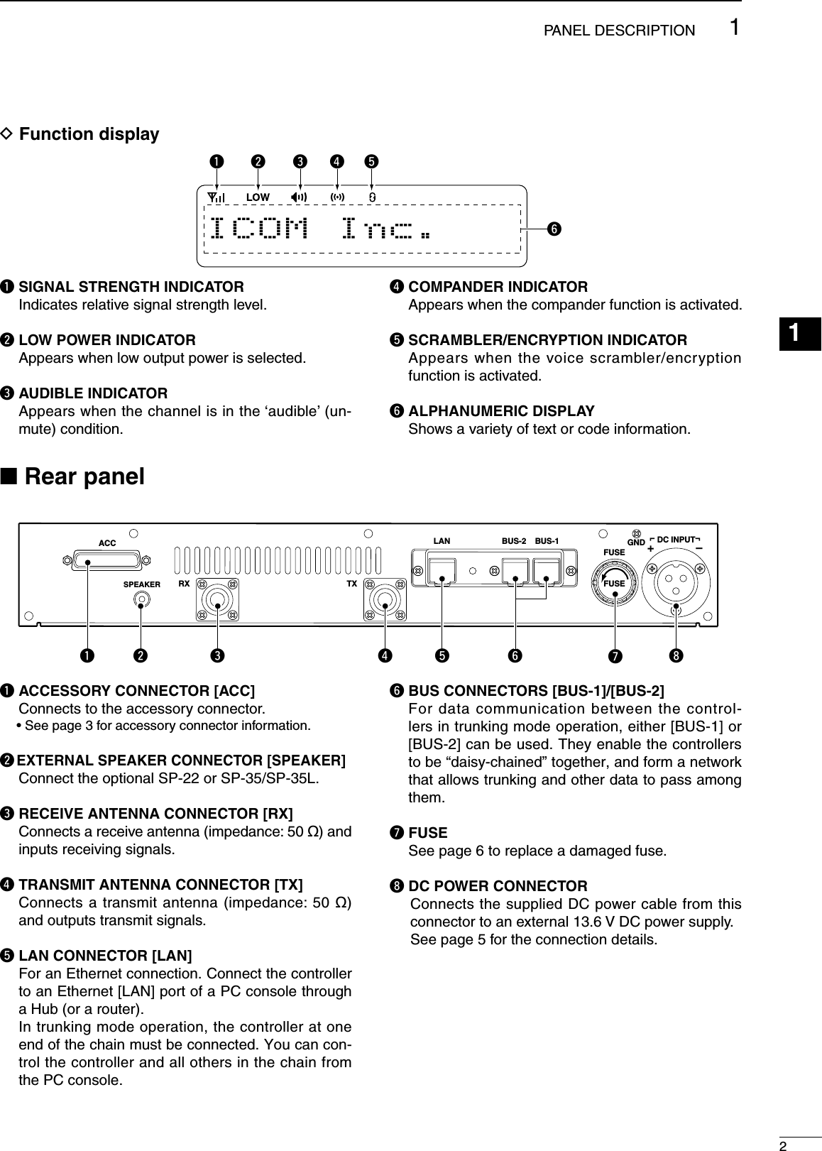 21PANEL DESCRIPTIONq  ACCESSORY CONNECTOR [ACC]  Connects to the accessory connector.  • See page 3 for accessory connector information.w EXTERNAL SPEAKER CONNECTOR [SPEAKER]  Connect the optional SP-22 or SP-35/SP-35L.e RECEIVE ANTENNA CONNECTOR [RX]   Connects a receive antenna (impedance: 50 ø) and inputs receiving signals.r TRANSMIT ANTENNA CONNECTOR [TX]   Connects a transmit antenna (impedance: 50 ø) and outputs transmit signals.t LAN CONNECTOR [LAN]   For an Ethernet connection. Connect the controller to an Ethernet [LAN] port of a PC console through a Hub (or a router).   In trunking mode operation, the controller at one end of the chain must be connected. You can con-trol the controller and all others in the chain from the PC console.y BUS CONNECTORS [BUS-1]/[BUS-2]   For data communication between the control-lers in trunking mode operation, either [BUS-1] or [BUS-2] can be used. They enable the controllers to be “daisy-chained” together, and form a network that allows trunking and other data to pass among them. u FUSE See page 6 to replace a damaged fuse.i DC POWER CONNECTOR   Connects the supplied DC power cable from this connector to an external 13.6 V DC power supply.  See page 5 for the connection details.we rytThe optional channel extention modulecan be installed.Ask your dealer for details.The optional trunking/network controllercan be installed.Ask your dealer for details.qwe rty uiACCRX TXLANBUS-2BUS-1FUSEFUSEDC INPUTSPEAKERGND+–¬¬q SIGNAL STRENGTH INDICATOR  Indicates relative signal strength level.w LOW POWER INDICATOR  Appears when low output power is selected.e AUDIBLE INDICATOR   Appears when the channel is in the ‘audible’ (un-mute) condition.r COMPANDER INDICATOR  Appears when the compander function is activated.t SCRAMBLER/ENCRYPTION INDICATOR   Appears when the voice scrambler/encryption function is activated.y ALPHANUMERIC DISPLAY   Shows a variety of text or code information.n Rear panelD Function displayICOM Inc.qwerty123456789101112131415161718192021