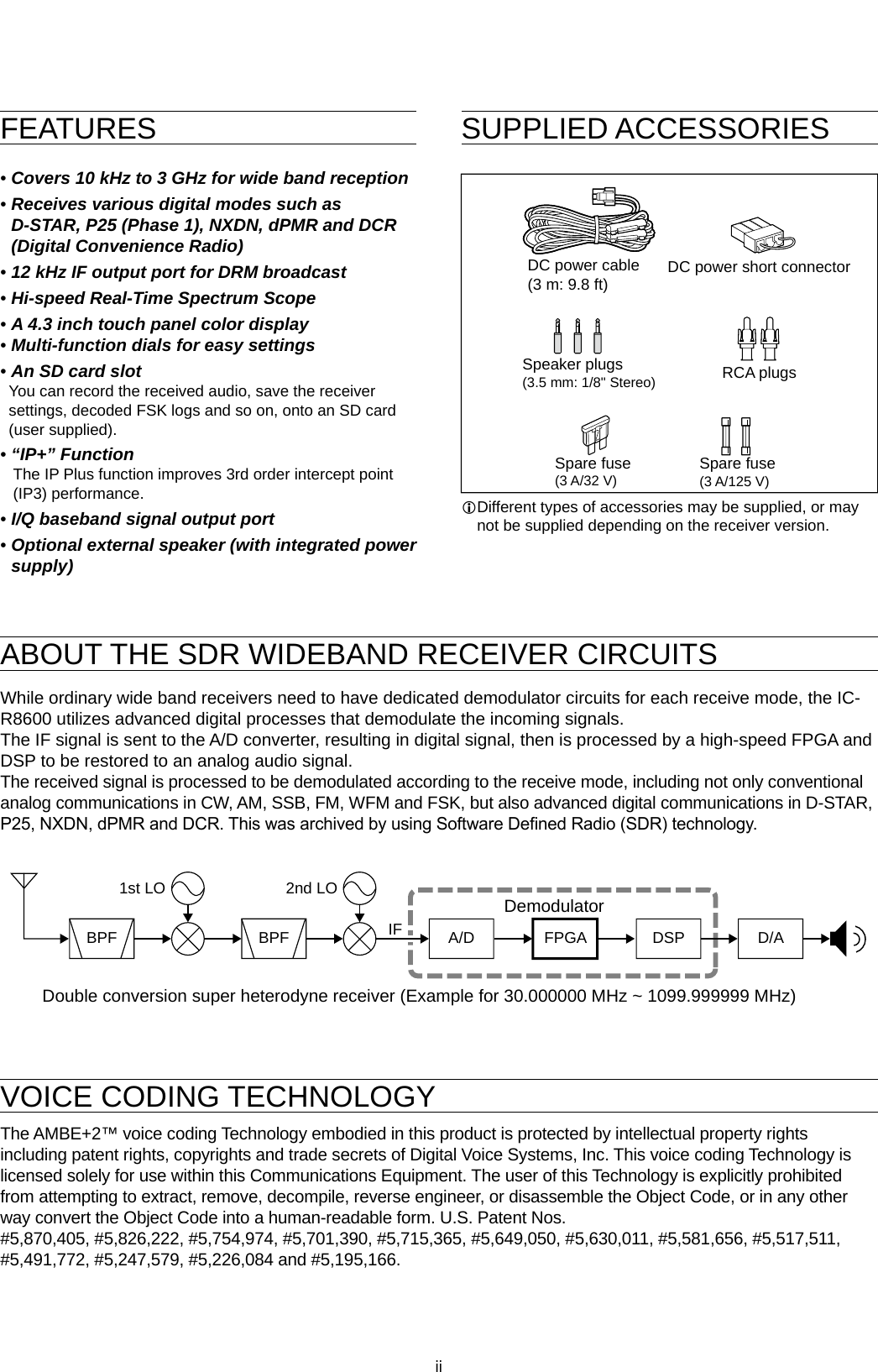 iiWhile ordinary wide band receivers need to have dedicated demodulator circuits for each receive mode, the IC-R8600 utilizes advanced digital processes that demodulate the incoming signals.The IF signal is sent to the A/D converter, resulting in digital signal, then is processed by a high-speed FPGA and DSP to be restored to an analog audio signal.The received signal is processed to be demodulated according to the receive mode, including not only conventional analog communications in CW, AM, SSB, FM, WFM and FSK, but also advanced digital communications in D-STAR, P25, NXDN, dPMR and DCR. This was archived by using Software Dened Radio (SDR) technology.The AMBE+2™ voice coding Technology embodied in this product is protected by intellectual property rights including patent rights, copyrights and trade secrets of Digital Voice Systems, Inc. This voice coding Technology is licensed solely for use within this Communications Equipment. The user of this Technology is explicitly prohibited from attempting to extract, remove, decompile, reverse engineer, or disassemble the Object Code, or in any other way convert the Object Code into a human-readable form. U.S. Patent Nos.#5,870,405, #5,826,222, #5,754,974, #5,701,390, #5,715,365, #5,649,050, #5,630,011, #5,581,656, #5,517,511, #5,491,772, #5,247,579, #5,226,084 and #5,195,166.FEATURES •Covers 10 kHz to 3 GHz for wide band reception • Receives various digital modes such as  D-STAR, P25 (Phase 1), NXDN, dPMR and DCR (Digital Convenience Radio) •12 kHz IF output port for DRM broadcast •Hi-speed Real-Time Spectrum Scope •A 4.3 inch touch panel color display •Multi-function dials for easy settings •An SD card slot   You can record the received audio, save the receiver settings, decoded FSK logs and so on, onto an SD card (user supplied). •“IP+” Function    The IP Plus function improves 3rd order intercept point (IP3) performance. •I/Q baseband signal output port • Optional external speaker (with integrated power supply)SUPPLIED ACCESSORIESABOUT THE SDR WIDEBAND RECEIVER CIRCUITSVOICE CODING TECHNOLOGYL Different types of accessories may be supplied, or may not be supplied depending on the receiver version.DC power cable(3 m: 9.8 ft)Spare fuse  (3 A/32 V) Spare fuse  (3 A/125 V)Speaker plugs(3.5 mm: 1/8&quot; Stereo) RCA plugsDC power short connectorFPGABPF BPF A/D DSP D/A1st LO 2nd LOIFDemodulatorDouble conversion super heterodyne receiver (Example for 30.000000 MHz ~ 1099.999999 MHz)