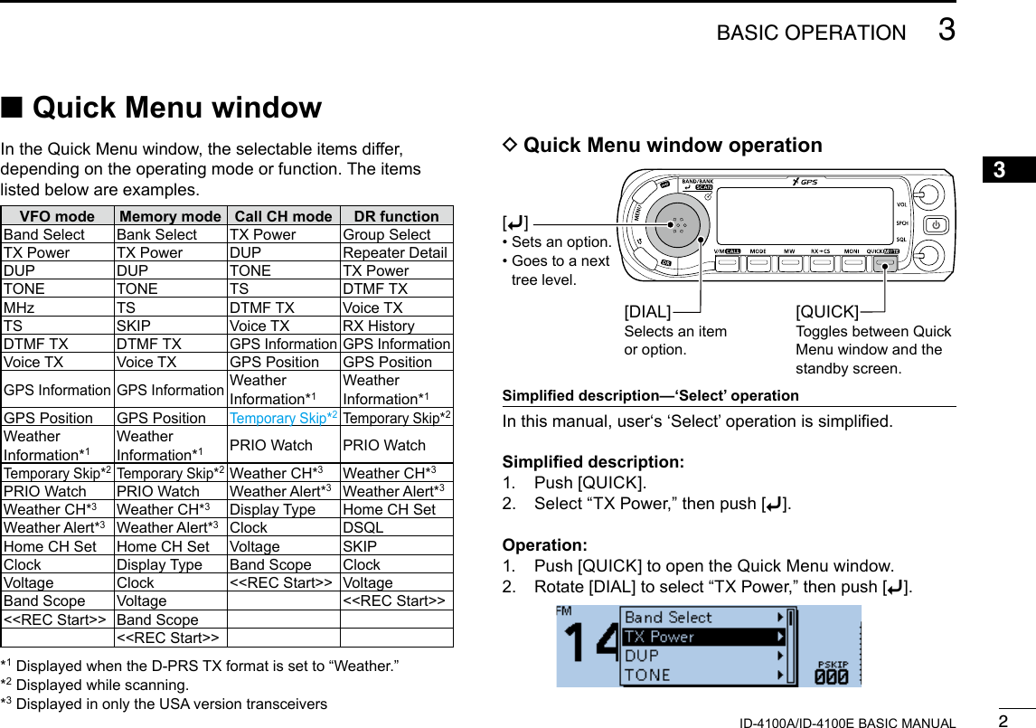 23BASIC OPERATIONNew20013ID-4100A/ID-4100E BASIC MANUALNew2001 ■Quick Menu windowIn the Quick Menu window, the selectable items differ, depending on the operating mode or function. The items listed below are examples. DQuick Menu window operation[DIAL]Selects an item or option.[QUICK]Toggles between Quick Menu window and the standby screen.[ï] • Sets an option. •  Goes to a next tree level.Simplied description—‘Select’ operationIn this manual, user‘s ‘Select’ operation is simplied.Simplied description:1.  Push [QUICK].2.  Select “TX Power,” then push [ï].Operation:1.  Push [QUICK] to open the Quick Menu window.2.  Rotate [DIAL] to select “TX Power,” then push [ï].VFO mode Memory mode Call CH mode DR functionBand Select Bank Select TX Power Group SelectTX Power TX Power DUP Repeater DetailDUP DUP TONE TX PowerTONE TONE TS DTMF TXMHz TS DTMF TX Voice TXTS SKIP Voice TX RX HistoryDTMF TX DTMF TXGPS Information GPS InformationVoice TX Voice TX GPS Position GPS PositionGPS Information GPS InformationWeather Information*1Weather Information*1GPS Position GPS PositionTemporary Skip*2Temporary Skip*2Weather Information*1Weather Information*1PRIO Watch PRIO WatchTemporary Skip*2Temporary Skip*2Weather CH*3Weather CH*3PRIO Watch PRIO Watch Weather Alert*3Weather Alert*3Weather CH*3Weather CH*3Display Type Home CH SetWeather Alert*3Weather Alert*3Clock DSQLHome CH Set Home CH Set Voltage SKIPClock Display Type Band Scope ClockVoltage Clock &lt;&lt;REC Start&gt;&gt; VoltageBand Scope Voltage &lt;&lt;REC Start&gt;&gt;&lt;&lt;REC Start&gt;&gt; Band Scope&lt;&lt;REC Start&gt;&gt;*1 Displayed when the D-PRS TX format is set to “Weather.”*2 Displayed while scanning.*3 Displayed in only the USA version transceivers