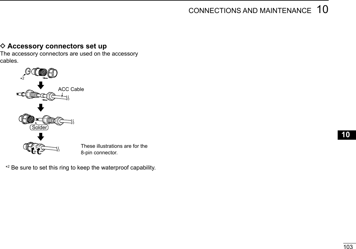 10310CONNECTIONS AND MAINTENANCENew200112345678910111213141516 DAccessory connectors set upThe accessory connectors are used on the accessory cables.*2 Be sure to set this ring to keep the waterproof capability.SolderACC CableThese illustrations are for the 8-pin connector.*2