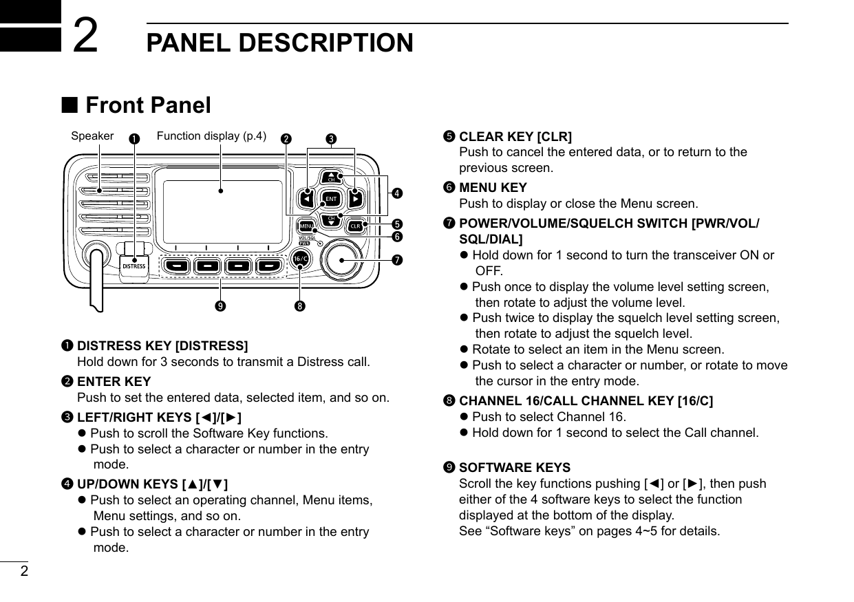 2New20012PANEL DESCRIPTION ■Front PaneltuywioerqFunction display (p.4)Speaker1DISTRESS KEY [DISTRESS]   Hold down for 3 seconds to transmit a Distress call.2ENTER KEY  Push to set the entered data, selected item, and so on.3LEFT/RIGHT KEYS [◄]/[►] zPush to scroll the Software Key functions. zPush to select a character or number in the entry mode.4UP/DOWN KEYS [▲]/[▼] zPush to select an operating channel, Menu items, Menu settings, and so on. z Push to select a character or number in the entry mode.5CLEAR KEY [CLR]    Push to cancel the entered data, or to return to the previous screen.6MENU KEY   Push to display or close the Menu screen.7POWER/VOLUME/SQUELCH SWITCH [PWR/VOL/SQL/DIAL] zHold down for 1 second to turn the transceiver ON or OFF. zPush once to display the volume level setting screen, then rotate to adjust the volume level. zPush twice to display the squelch level setting screen, then rotate to adjust the squelch level.  zRotate to select an item in the Menu screen.  zPush to select a character or number, or rotate to move the cursor in the entry mode. 8CHANNEL 16/CALL CHANNEL KEY [16/C] zPush to select Channel 16.  zHold down for 1 second to select the Call channel.  9SOFTWARE KEYS   Scroll the key functions pushing [◄] or [►], then push either of the 4 software keys to select the function displayed at the bottom of the display.   See “Software keys” on pages 4~5 for details.