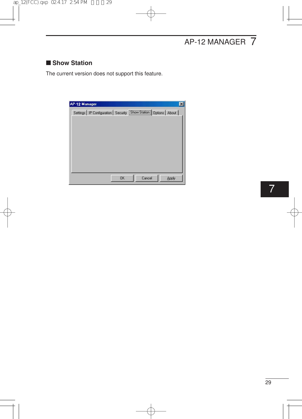 297AP-12 MANAGER12Show StationThe current version does not support this feature.7ap_12(FCC).qxp  02.4.17  2:54 PM  ページ29