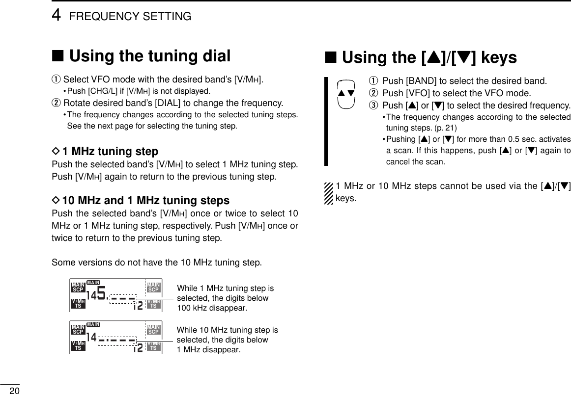 204FREQUENCY SETTING■Using the tuning dialqSelect VFO mode with the desired band’s [V/MH].•Push [CHG/L] if [V/MH] is not displayed.wRotate desired band’s [DIAL] to change the frequency.•The frequency changes according to the selected tuning steps.See the next page for selecting the tuning step.D1 MHz tuning stepPush the selected band’s [V/MH] to select 1 MHz tuning step.Push [V/MH] again to return to the previous tuning step.D10 MHz and 1 MHz tuning stepsPush the selected band’s [V/MH] once or twice to select 10MHz or 1 MHz tuning step, respectively. Push [V/MH] once ortwice to return to the previous tuning step.Some versions do not have the 10 MHz tuning step.■Using the [Y]/[Z] keysqPush [BAND] to select the desired band.wPush [VFO] to select the VFO mode.ePush [Y] or [Z] to select the desired frequency.•The frequency changes according to the selectedtuning steps. (p. 21)•Pushing [Y] or [Z] for more than 0.5 sec. activatesa scan. If this happens, push [Y] or [Z] again tocancel the scan.1 MHz or 10 MHz steps cannot be used via the [Y]/[Z]keys.MAINSCPMAINSCPV/MHTSV/MHTSMAIN12145.___MAINSCPMAINSCPV/MHTSV/MHTSMAIN1214_.___While 1 MHz tuning step is selected, the digits below 100 kHz disappear.While 10 MHz tuning step is selected, the digits below 1 MHz disappear.Y Z