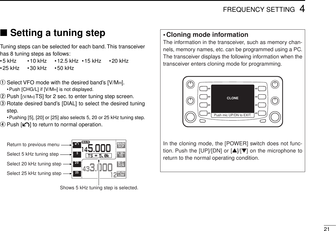 ■Setting a tuning stepTuning steps can be selected for each band. This transceiverhas 8 tuning steps as follows:•5 kHz •10 kHz •12.5 kHz •15 kHz •20 kHz•25 kHz •30 kHz •50 kHzqSelect VFO mode with the desired band’s [V/MH].•Push [CHG/L] if [V/MH] is not displayed.wPush [(V/MH)TS] for 2 sec. to enter tuning step screen.eRotate desired band’s [DIAL] to select the desired tuningstep.•Pushing [5], [20] or [25] also selects 5, 20 or 25 kHz tuning step.rPush [í] to return to normal operation.214FREQUENCY SETTINGMAIN433.000145.00012í 52025SCPMAINTSV/MHSCNM/CLOWMONITS = 5.0kTS = 5.0kReturn to previous menuShows 5 kHz tuning step is selected.Select 5 kHz tuning stepSelect 20 kHz tuning stepSelect 25 kHz tuning step•Cloning mode informationThe information in the transceiver, such as memory chan-nels, memory names, etc. can be programmed using a PC.The transceiver displays the following information when thetransceiver enters cloning mode for programming.In the cloning mode, the [POWER] switch does not func-tion. Push the [UP]/[DN] or [Y]/[Z] on the microphone toreturn to the normal operating condition.Push mic UP/DN to EXIT.CLONE