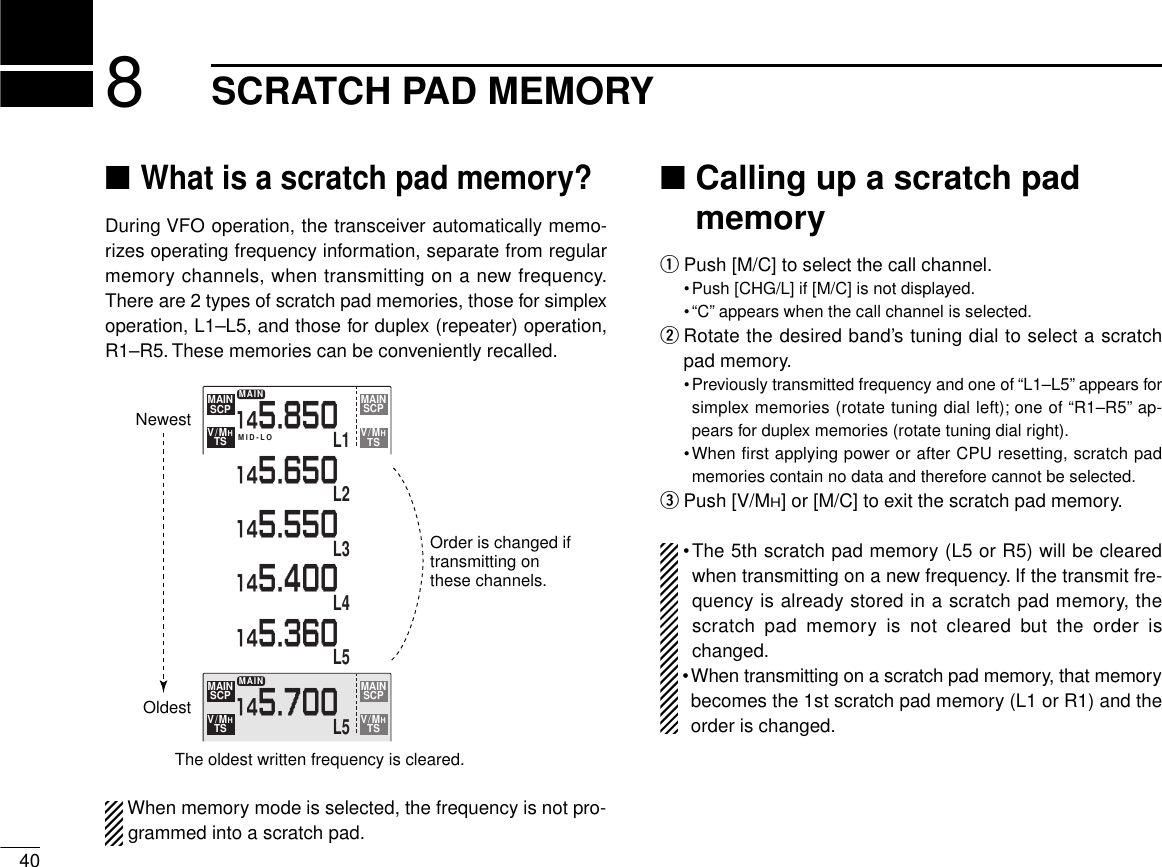 408SCRATCH PAD MEMORY■What is a scratch pad memory?During VFO operation, the transceiver automatically memo-rizes operating frequency information, separate from regularmemory channels, when transmitting on a new frequency.There are 2 types of scratch pad memories, those for simplexoperation, L1–L5, and those for duplex (repeater) operation,R1–R5. These memories can be conveniently recalled.When memory mode is selected, the frequency is not pro-grammed into a scratch pad.■Calling up a scratch padmemoryqPush [M/C] to select the call channel.•Push [CHG/L] if [M/C] is not displayed.•“C” appears when the call channel is selected.wRotate the desired band’s tuning dial to select a scratchpad memory.•Previously transmitted frequency and one of “L1–L5” appears forsimplex memories (rotate tuning dial left); one of “R1–R5” ap-pears for duplex memories (rotate tuning dial right).•When first applying power or after CPU resetting, scratch padmemories contain no data and therefore cannot be selected.ePush [V/MH] or [M/C] to exit the scratch pad memory.•The 5th scratch pad memory (L5 or R5) will be clearedwhen transmitting on a new frequency. If the transmit fre-quency is already stored in a scratch pad memory, thescratch pad memory is not cleared but the order ischanged.•When transmitting on a scratch pad memory, that memorybecomes the 1st scratch pad memory (L1 or R1) and theorder is changed.MAINL1145.850L2145.650L3145.550L4145.400L5145.360L5145.700MID-LOSCPMAINTSV/MHSCPMAINTSV/MHMAINSCPMAINTSV/MHSCPMAINTSV/MHNewestOldestThe oldest written frequency is cleared.Order is changed if transmitting on these channels.