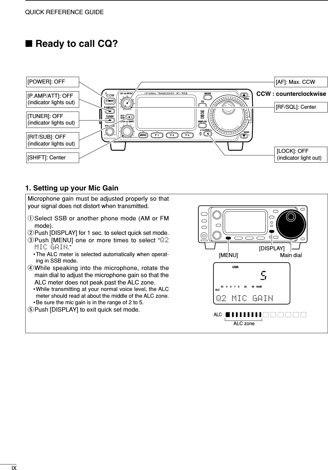 IXQUICK REFERENCE GUIDE1. Setting up your Mic GainMicrophone gain must be adjusted properly so thatyour signal does not distort when transmitted.qSelect SSB or another phone mode (AM or FMmode).wPush [DISPLAY] for 1 sec. to select quick set mode.ePush [MENU] one or more times to select “Q2MIC GAIN.”•The ALC meter is selected automatically when operat-ing in SSB mode.rWhile speaking into the microphone, rotate themain dial to adjust the microphone gain so that theALC meter does not peak past the ALC zone.•While transmitting at your normal voice level, the ALCmeter should read at about the middle of the ALC zone.• Be sure the mic gain is in the range of 2 to 5.tPush [DISPLAY] to exit quick set mode.ALCALC zoneALCS1 537920 40 60dBUSBQ2 MIC GAIN[MENU] Main dial[DISPLAY]■Ready to call CQ?BANDBANDMODETSDISPLAYLOCKF 1 F 2 F 3AF RF SQLRITSHIFTM-CHSUBPHONESTUNERP.AMP AT TYZPOWERMENUTXRX[AF]: Max. CCW[RF/SQL]: Center[LOCK]: OFF(indicator light out)[POWER]: OFF[SHIFT]: Center[P.AMP/ATT]: OFF(indicator lights out)[TUNER]: OFF(indicator lights out)[RIT/SUB]: OFF(indicator lights out)CCW : counterclockwise
