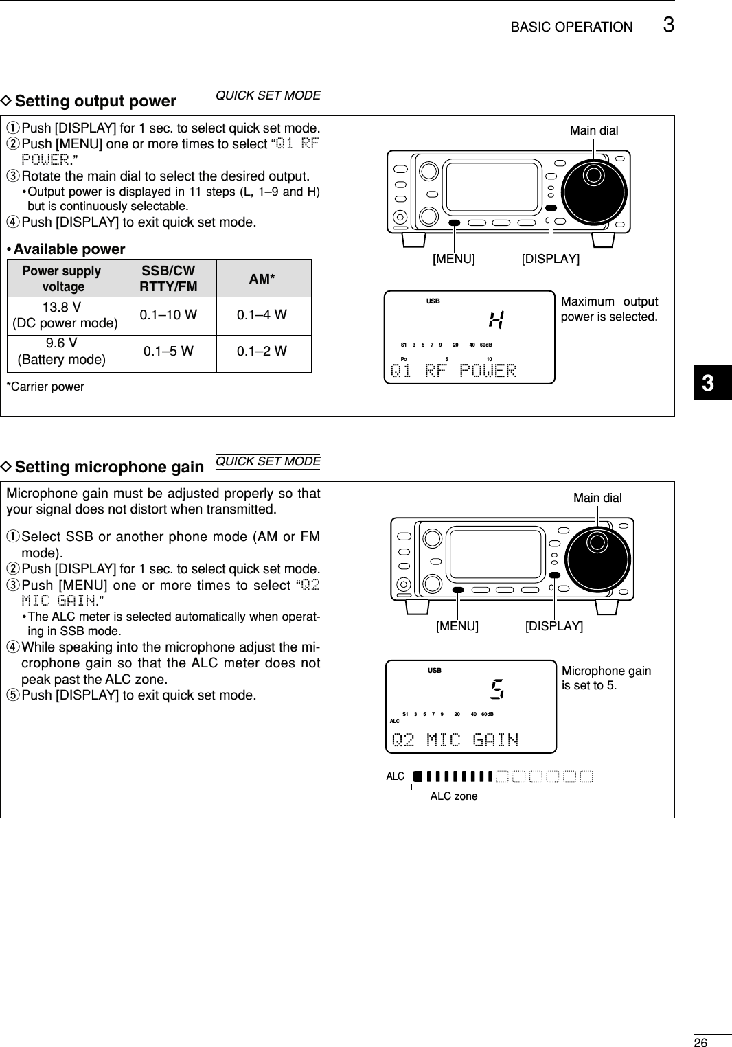 263BASIC OPERATIONqPush [DISPLAY] for 1 sec. to select quick set mode.wPush [MENU] one or more times to select “Q1 RFPOWER.”eRotate the main dial to select the desired output.•Output power is displayed in 11 steps (L, 1–9 and H)but is continuously selectable.rPush [DISPLAY] to exit quick set mode.•Available power*Carrier powerPOS15537920 401060dBUSBQ1 RF POWERMaximum output power is selected.[DISPLAY]Main dial[MENU]DSetting output powerMicrophone gain must be adjusted properly so thatyour signal does not distort when transmitted.qSelect SSB or another phone mode (AM or FMmode).wPush [DISPLAY] for 1 sec. to select quick set mode.ePush [MENU] one or more times to select “Q2MIC GAIN.”•The ALC meter is selected automatically when operat-ing in SSB mode.rWhile speaking into the microphone adjust the mi-crophone gain so that the ALC meter does notpeak past the ALC zone.tPush [DISPLAY] to exit quick set mode.ALCALC zoneALCS1 537920 40 60dBUSBQ2 MIC GAINMicrophone gain is set to 5.[DISPLAY]Main dial[MENU]DSetting microphone gainQUICK SET MODEPower supplySSB/CW AM*voltageRTTY/FM13.8 V 0.1–10 W 0.1–4 W(DC power mode)9.6 V 0.1–5 W 0.1–2 W(Battery mode)QUICK SET MODE3