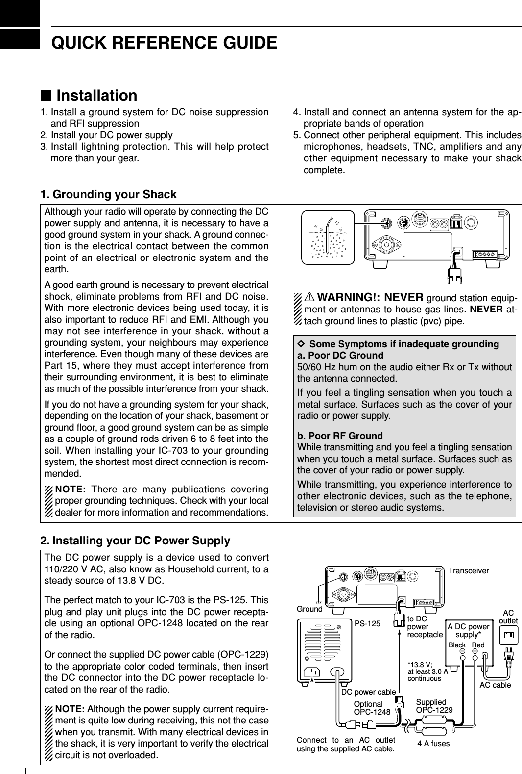 IQUICK REFERENCE GUIDE■Installation1. Install a ground system for DC noise suppressionand RFI suppression2. Install your DC power supply3. Install lightning protection. This will help protectmore than your gear.4. Install and connect an antenna system for the ap-propriate bands of operation5. Connect other peripheral equipment. This includesmicrophones, headsets, TNC, amplifiers and anyother equipment necessary to make your shackcomplete.Although your radio will operate by connecting the DCpower supply and antenna, it is necessary to have agood ground system in your shack. A ground connec-tion is the electrical contact between the commonpoint of an electrical or electronic system and theearth.A good earth ground is necessary to prevent electricalshock, eliminate problems from RFI and DC noise.With more electronic devices being used today, it isalso important to reduce RFI and EMI. Although youmay not see interference in your shack, without agrounding system, your neighbours may experienceinterference. Even though many of these devices arePart 15, where they must accept interference fromtheir surrounding environment, it is best to eliminateas much of the possible interference from your shack. If you do not have a grounding system for your shack,depending on the location of your shack, basement orground ﬂoor, a good ground system can be as simpleas a couple of ground rods driven 6 to 8 feet into thesoil. When installing your IC-703 to your groundingsystem, the shortest most direct connection is recom-mended.NOTE: There are many publications coveringproper grounding techniques. Check with your localdealer for more information and recommendations.RWARNING!: NEVER ground station equip-ment or antennas to house gas lines. NEVER at-tach ground lines to plastic (pvc) pipe.DSome Symptoms if inadequate groundinga. Poor DC Ground50/60 Hz hum on the audio either Rx or Tx withoutthe antenna connected.If you feel a tingling sensation when you touch ametal surface. Surfaces such as the cover of yourradio or power supply.b. Poor RF GroundWhile transmitting and you feel a tingling sensationwhen you touch a metal surface. Surfaces such asthe cover of your radio or power supply.While transmitting, you experience interference toother electronic devices, such as the telephone,television or stereo audio systems. The DC power supply is a device used to convert110/220 V AC, also know as Household current, to asteady source of 13.8 V DC. The perfect match to your IC-703 is the PS-125. Thisplug and play unit plugs into the DC power recepta-cle using an optional OPC-1248 located on the rearof the radio.Or connect the supplied DC power cable (OPC-1229)to the appropriate color coded terminals, then insertthe DC connector into the DC power receptacle lo-cated on the rear of the radio.NOTE: Although the power supply current require-ment is quite low during receiving, this not the casewhen you transmit. With many electrical devices inthe shack, it is very important to verify the electricalcircuit is not overloaded.1. Grounding your Shack2. Installing your DC Power SupplyAC cableACoutletA DC powersupply*Black _ Red+PS-125DC power cableGround4 A fusesTransceiverto DC powerreceptacleSuppliedOPC-1229OptionalOPC-1248Connect to an AC outlet using the supplied AC cable.*13.8 V; at least 3.0 Acontinuous