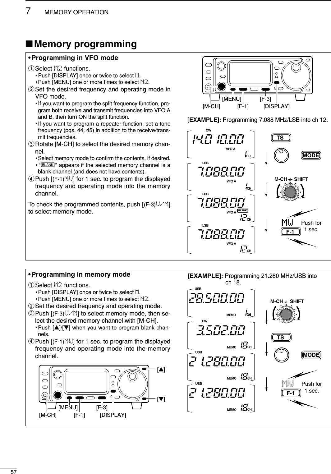 577MEMORY OPERATION• Programming in VFO modeqSelect M2 functions.• Push [DISPLAY] once or twice to select M.•Push [MENU] one or more times to select M2.wSet the desired frequency and operating mode inVFO mode.•If you want to program the split frequency function, pro-gram both receive and transmit frequencies into VFO Aand B, then turn ON the split function.•If you want to program a repeater function, set a tonefrequency (pgs. 44, 45) in addition to the receive/trans-mit frequencies.eRotate [M-CH] to select the desired memory chan-nel.•Select memory mode to conﬁrm the contents, if desired.•“}” appears if the selected memory channel is ablank channel (and does not have contents).rPush [(F-1)MW] for 1 sec. to program the displayedfrequency and operating mode into the memorychannel.To check the programmed contents, push [(F-3)V/M]to select memory mode.CWCHVFO A[EXAMPLE]: Programming 7.088 MHz/LSB into ch 12.TSMODEMWF-1LSBBLANKSPLITCHVFO ALSBCHVFO ALSBCHVFO APush for1 sec.M-CH SHIFT[DISPLAY][MENU][M-CH][F-3][F-1]■Memory programming• Programming in memory modeqSelect M2 functions.• Push [DISPLAY] once or twice to select M.•Push [MENU] one or more times to select M2.wSet the desired frequency and operating mode.ePush [(F-3)V/M] to select memory mode, then se-lect the desired memory channel with [M-CH].•Push [Y]/[Z] when you want to program blank chan-nels.rPush [(F-1)MW] for 1 sec. to program the displayedfrequency and operating mode into the memorychannel.CH[EXAMPLE]:Programming 21.280 MHz/USB intoch 18.TSMODEMWF-1SPLITPush for1 sec.CHMEMOUSBCHMEMOUSBCHMEMOCWCHMEMOUSBM-CH SHIFT[DISPLAY][MENU][M-CH][F-3][F-1][Y][Z]