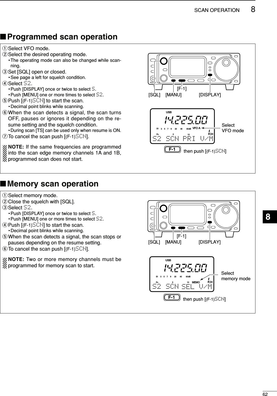 628SCAN OPERATIONqSelect VFO mode.wSelect the desired operating mode.•The operating mode can also be changed while scan-ning.eSet [SQL] open or closed.• See page a left for squelch condition.rSelect S2.• Push [DISPLAY] once or twice to select S.•Push [MENU] one or more times to select S2.tPush [(F-1)SCN] to start the scan.• Decimal point blinks while scanning.yWhen the scan detects a signal, the scan turnsOFF, pauses or ignores it depending on the re-sume setting and the squelch condition.•During scan [TS] can be used only when resume is ON.uTo cancel the scan push [(F-1)SCN].NOTE:If the same frequencies are programmedinto the scan edge memory channels 1A and 1B,programmed scan does not start.CHVFO APOS15537920401060dBUSBS2 SCN PRI V/MSelectVFO modeF-1 then push [(F-1)SCN][DISPLAY][F-1][MANU][SQL]■Programmed scan operationqSelect memory mode.wClose the squelch with [SQL].eSelect S2.• Push [DISPLAY] once or twice to select S.•Push [MENU] one or more times to select S2.rPush [(F-1)SCN] to start the scan.• Decimal point blinks while scanning.tWhen the scan detects a signal, the scan stops orpauses depending on the resume setting.yTo cancel the scan push [(F-1)SCN].NOTE:Two or more memory channels must beprogrammed for memory scan to start.S2 SCN SEL V/MSelectmemory modeF-1 then push [(F-1)SCN]CHMEMOPOS15537920401060dBUSB[DISPLAY][F-1][MANU][SQL]■Memory scan operation8