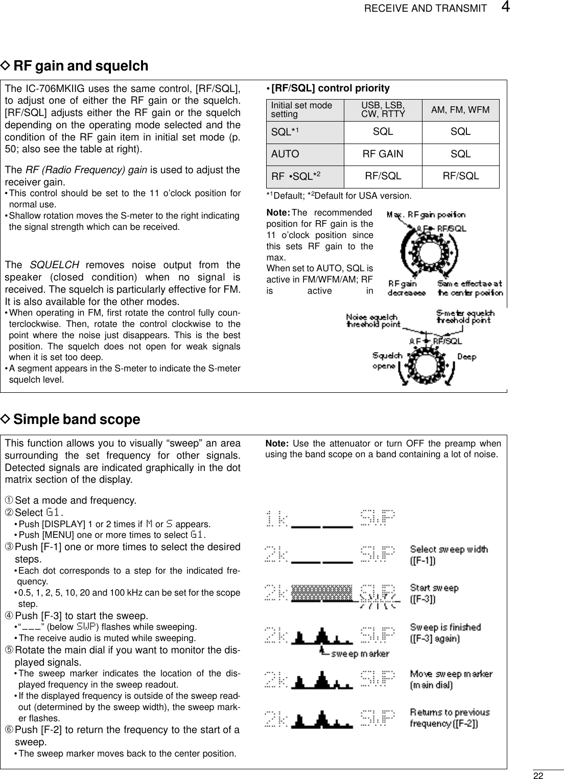 224RECEIVE AND TRANSMITDRF gain and squelchDSimple band scopeThe IC-706MKIIG uses the same control, [RF/SQL],to adjust one of either the RF gain or the squelch.[RF/SQL] adjusts either the RF gain or the squelchdepending on the operating mode selected and thecondition of the RF gain item in initial set mode (p.50; also see the table at right).The RF (Radio Frequency) gain is used to adjust thereceiver gain.•This control should be set to the 11 o’clock position fornormal use.•Shallow rotation moves the S-meter to the right indicatingthe signal strength which can be received.The  S Q U E L C H removes  noise  output  from  thespeaker  (closed  condition)  when  no  signal  isreceived. The squelch is particularly effective for FM.It is also available for the other modes.•When operating in FM, ﬁrst rotate the control fully coun-terclockwise. Then, rotate the control clockwise to thepoint where the noise just disappears. This is the bestposition. The squelch does not open for weak signalswhen it is set too deep.•A segment appears in the S-meter to indicate the S-metersquelch level.•[RF/SQL] control priorityThis function allows you to visually “sweep” an areasurrounding the set frequency for other signals.Detected signals are indicated graphically in the dotmatrix section of the display.➀Set a mode and frequency.➁Select G1.•Push [DISPLAY] 1 or 2 times if Mor Sappears.•Push [MENU] one or more times to select G1.➂Push [F-1] one or more times to select the desiredsteps.•Each dot corresponds to a step for the indicated fre-quency.•0.5, 1, 2, 5, 10, 20 and 100 kHz can be set for the scopestep.➃Push [F-3] to start the sweep.•“___” (below SWP) ﬂashes while sweeping.•The receive audio is muted while sweeping.➄Rotate the main dial if you want to monitor the dis-played signals.•The sweep marker indicates the location of the dis-played frequency in the sweep readout.•If the displayed frequency is outside of the sweep read-out (determined by the sweep width), the sweep mark-er ﬂashes.➅Push [F-2] to return the frequency to the start of asweep.•The sweep marker moves back to the center position.N o t e : The  recommendedposition for RF gain is the11 o’clock position sincethis sets RF gain to themax.When set to AUTO, SQL isactive in FM/WFM/AM; RFis  active  inNote: Use the attenuator or turn OFF the preamp whenusing the band scope on a band containing a lot of noise.Initial set modesetting USB, LSB,CW, RTTY AM, FM, WFMSQL*1SQL SQLAUTO RF GAIN SQLRF •SQL*2RF/SQL RF/SQL*1Default; *2Default for USA version.