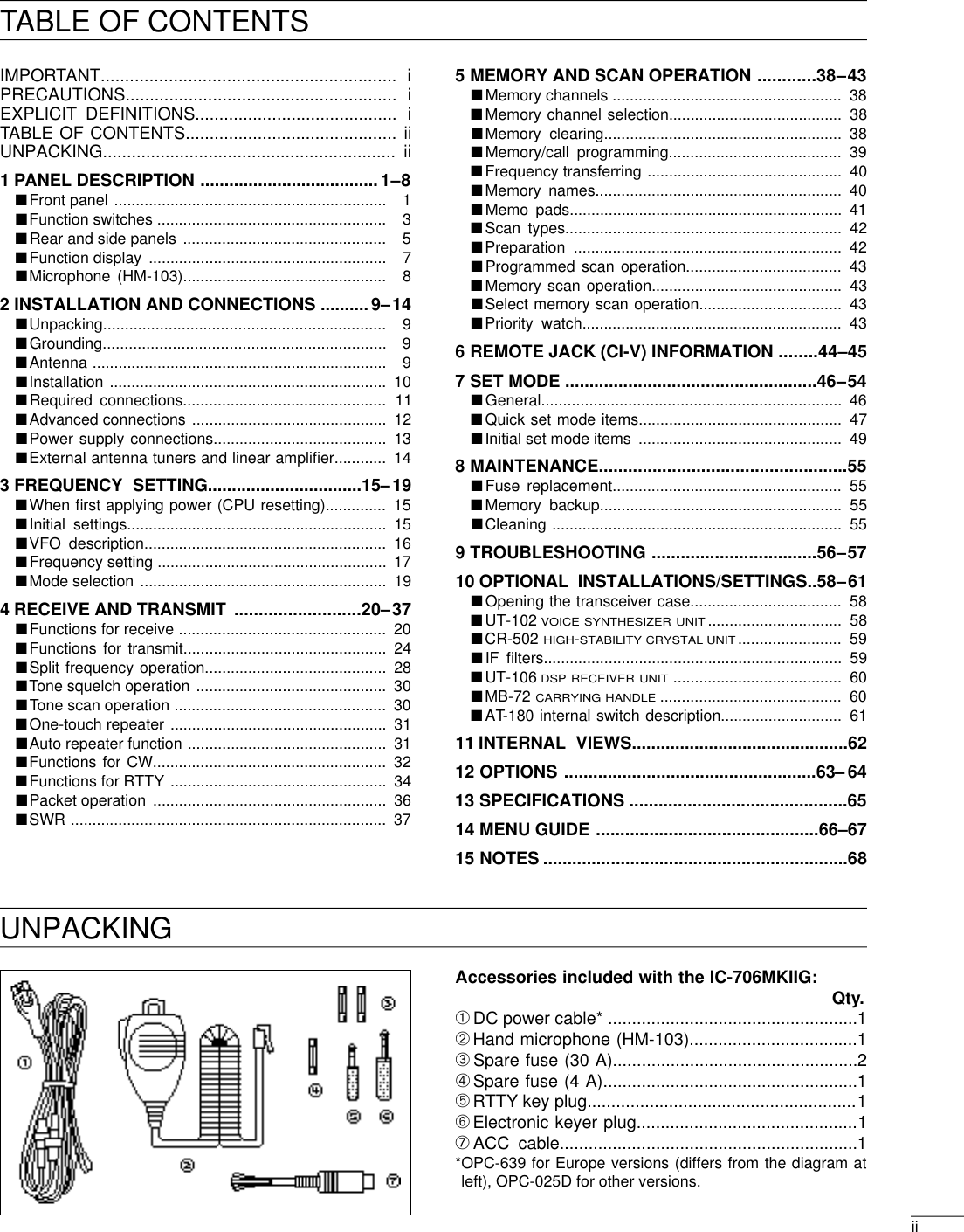 TABLE OF CONTENTSIMPORTANT............................................................. iPRECAUTIONS........................................................ iEXPLICIT DEFINITIONS.......................................... iTABLE OF CONTENTS............................................ iiUNPACKING............................................................. ii1 PANEL DESCRIPTION .....................................1–8■Front panel ............................................................... 1■Function switches ..................................................... 3■Rear and side panels ............................................... 5■Function display ....................................................... 7■Microphone (HM-103)............................................... 82INSTALLATION AND CONNECTIONS ..........9–14■Unpacking................................................................. 9■Grounding................................................................. 9■Antenna .................................................................... 9■Installation ................................................................ 10■Required connections............................................... 11■Advanced connections ............................................. 12■Power supply connections........................................ 13■External antenna tuners and linear ampliﬁer............ 143FREQUENCY SETTING................................15–19■When ﬁrst applying power (CPU resetting).............. 15■Initial settings............................................................ 15■VFO description........................................................ 16■Frequency setting ..................................................... 17■Mode selection ......................................................... 194 RECEIVE AND TRANSMIT ..........................20–37■Functions for receive ................................................ 20■Functions for transmit............................................... 24■Split frequency operation.......................................... 28■Tone squelch operation ............................................ 30■Tone scan operation ................................................. 30■One-touch repeater .................................................. 31■Auto repeater function .............................................. 31■Functions for CW...................................................... 32■Functions for RTTY .................................................. 34■Packet operation ...................................................... 36■SWR ......................................................................... 375 MEMORY AND SCAN OPERATION ............38–43■Memory channels ..................................................... 38■Memory channel selection........................................ 38■Memory clearing....................................................... 38■Memory/call programming........................................ 39■Frequency transferring ............................................. 40■Memory names......................................................... 40■Memo pads............................................................... 41■Scan types................................................................ 42■Preparation .............................................................. 42■Programmed scan operation.................................... 43■Memory scan operation............................................ 43■Select memory scan operation................................. 43■Priority watch............................................................ 436 REMOTE JACK (CI-V) INFORMATION ........44–457SET MODE ....................................................46–54■General..................................................................... 46■Quick set mode items............................................... 47■Initial set mode items ............................................... 498MAINTENANCE...................................................55■Fuse replacement..................................................... 55■Memory backup........................................................ 55■Cleaning ................................................................... 559 TROUBLESHOOTING ..................................56–5710 OPTIONAL INSTALLATIONS/SETTINGS..58–61■Opening the transceiver case................................... 58■UT-102 VOICE SYNTHESIZER UNIT............................... 58■CR-502 HIGH-STABILITY CRYSTAL UNIT........................ 59■IF ﬁlters..................................................................... 59■UT-106 DSP RECEIVER UNIT....................................... 60■MB-72 CARRYING HANDLE.......................................... 60■AT-180 internal switch description............................ 6111 INTERNAL VIEWS.............................................6212 OPTIONS ....................................................63– 6413 SPECIFICATIONS .............................................6514 MENU GUIDE ..............................................66–6715 NOTES ...............................................................68iiUNPACKINGAccessories included with the IC-706MKIIG: Qty.➀DC power cable* ....................................................1➁Hand microphone (HM-103)...................................1➂Spare fuse (30 A)...................................................2➃Spare fuse (4 A).....................................................1➄RTTY key plug........................................................1➅Electronic keyer plug..............................................1➆ACC cable..............................................................1*OPC-639 for Europe versions (differs from the diagram atleft), OPC-025D for other versions.