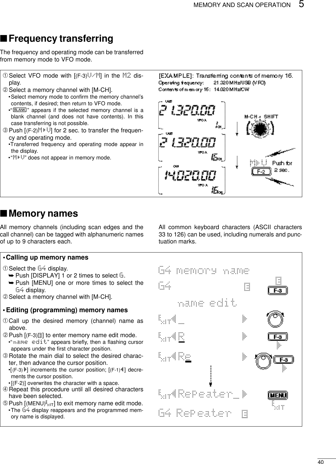 405MEMORY AND SCAN OPERATION■Frequency transferringThe frequency and operating mode can be transferredfrom memory mode to VFO mode.➀Select VFO mode with [(F-3)V/M] in the M2 dis-play.➁Select a memory channel with [M-CH].•Select memory mode to conﬁrm the memory channel’scontents, if desired; then return to VFO mode.•“}” appears if the selected memory channel is ablank channel (and does not have contents). In thiscase transferring is not possible.➂Push [(F-2)MÜV] for 2 sec. to transfer the frequen-cy and operating mode.•Transferred frequency and operating mode appear inthe display.•“MÜV” does not appear in memory mode.■Memory namesAll memory channels (including scan edges and thecall channel) can be tagged with alphanumeric namesof up to 9 characters each.All common keyboard characters (ASCII characters33 to 126) can be used, including numerals and punc-tuation marks.•Calling up memory names➀Select the G4 display.➥Push [DISPLAY] 1 or 2 times to select G.➥Push [MENU] one or more times to select theG4 display.➁Select a memory channel with [M-CH].•Editing (programming) memory names➀Call up the desired memory (channel) name asabove.➁Push [(F-3)É] to enter memory name edit mode.•“name edit” appears brieﬂy, then a ﬂashing cursorappears under the ﬁrst character position.➂Rotate the main dial to select the desired charac-ter, then advance the cursor position.•[(F-3)Ç] increments the cursor position; [(F-1)Å] decre-ments the cursor position.•[(F-2)] overwrites the character with a space.➃Repeat this procedure until all desired charactershave been selected.➄Push [(MENU)Ä] to exit memory name edit mode.•The G4 display reappears and the programmed mem-ory name is displayed.