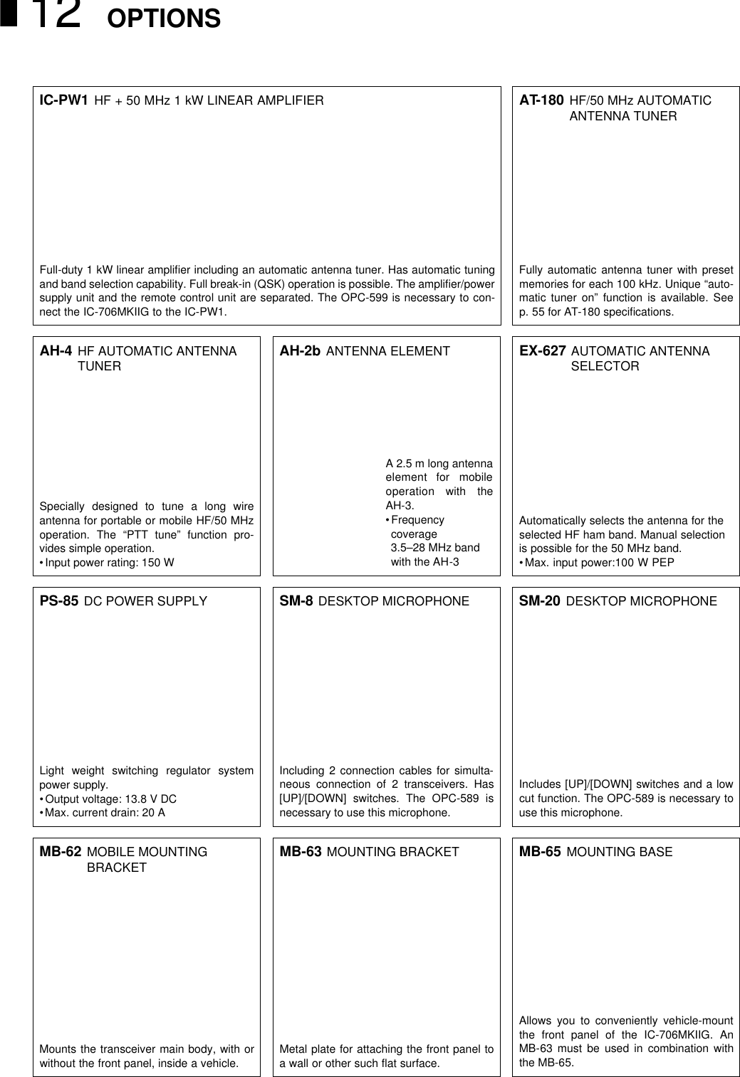 OPTIONS12IC-PW1 HF + 50 MHz 1 kW LINEAR AMPLIFIERFull-duty 1 kW linear ampliﬁer including an automatic antenna tuner. Has automatic tuningand band selection capability. Full break-in (QSK) operation is possible. The ampliﬁer/powersupply unit and the remote control unit are separated. The OPC-599 is necessary to con-nect the IC-706MKIIG to the IC-PW1.AT-180 HF/50 MHz AUTOMATICANTENNA TUNERFully automatic antenna tuner with presetmemories for each 100 kHz. Unique “auto-matic tuner on” function is available. Seep. 55 for AT-180 speciﬁcations.EX-627 AUTOMATIC ANTENNASELECTORAutomatically selects the antenna for theselected HF ham band. Manual selectionis possible for the 50 MHz band.•Max. input power:100 W PEPSM-20 DESKTOP MICROPHONEIncludes [UP]/[DOWN] switches and a lowcut function. The OPC-589 is necessary touse this microphone.MB-65 MOUNTING BASEAllows you to conveniently vehicle-mountthe front panel of the IC-706MKIIG. AnMB-63 must be used in combination withthe MB-65.AH-2b ANTENNA ELEMENTA 2.5 m long antennaelement  for  mobileoperation  with  theAH-3.• Frequencycoverage3.5–28 MHz bandwith the AH-3SM-8 DESKTOP MICROPHONEIncluding 2 connection cables for simulta-neous connection of 2 transceivers. Has[UP]/[DOWN] switches. The OPC-589 isnecessary to use this microphone.MB-63 MOUNTING BRACKETMetal plate for attaching the front panel toa wall or other such ﬂat surface.AH-4 HF AUTOMATIC ANTENNATUNERSpecially designed to tune a long wireantenna for portable or mobile HF/50 MHzoperation. The “PTT tune” function pro-vides simple operation.• Input power rating: 150 WPS-85 DC POWER SUPPLYLight weight switching regulator systempower supply.• Output voltage: 13.8 V DC•Max. current drain: 20 AMB-62 MOBILE MOUNTINGBRACKETMounts the transceiver main body, with orwithout the front panel, inside a vehicle.