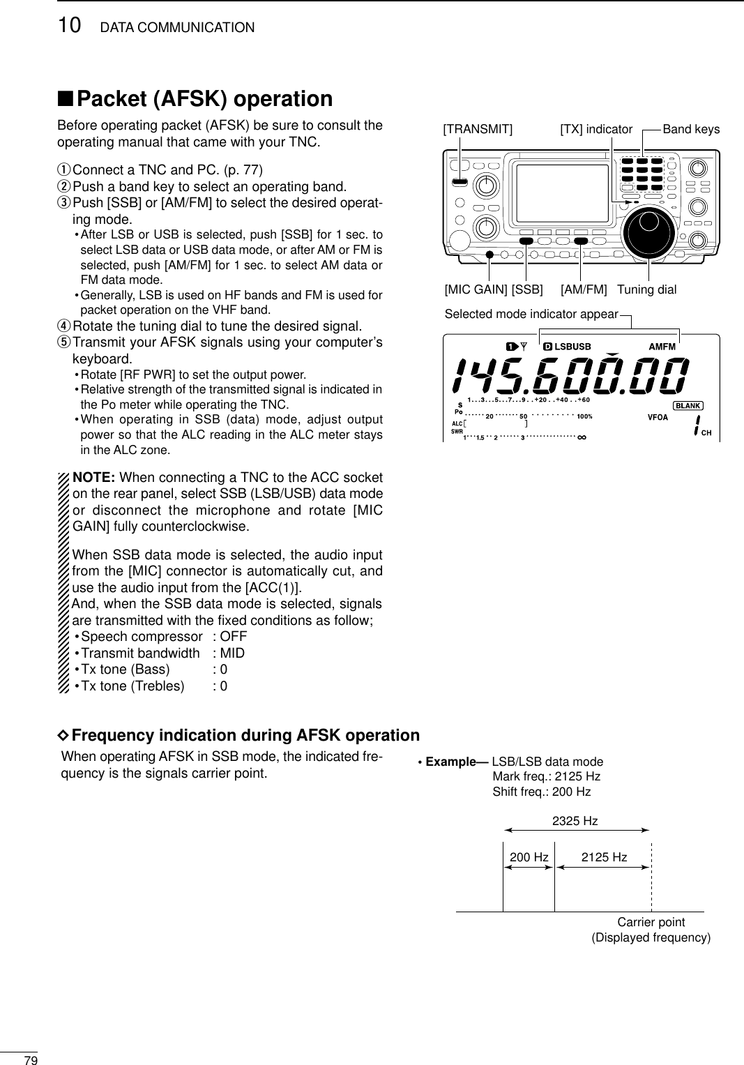 7910 DATA COMMUNICATION■Packet (AFSK) operationBefore operating packet (AFSK) be sure to consult theoperating manual that came with your TNC.qConnect a TNC and PC. (p. 77)wPush a band key to select an operating band.ePush [SSB] or [AM/FM] to select the desired operat-ing mode.•After LSB or USB is selected, push [SSB] for 1 sec. toselect LSB data or USB data mode, or after AM or FM isselected, push [AM/FM] for 1 sec. to select AM data orFM data mode.•Generally, LSB is used on HF bands and FM is used forpacket operation on the VHF band.rRotate the tuning dial to tune the desired signal.tTransmit your AFSK signals using your computer’skeyboard.•Rotate [RF PWR] to set the output power.•Relative strength of the transmitted signal is indicated inthe Po meter while operating the TNC.•When operating in SSB (data) mode, adjust outputpower so that the ALC reading in the ALC meter staysin the ALC zone.NOTE: When connecting a TNC to the ACC socketon the rear panel, select SSB (LSB/USB) data modeor disconnect the microphone and rotate [MICGAIN] fully counterclockwise.When SSB data mode is selected, the audio inputfrom the [MIC] connector is automatically cut, anduse the audio input from the [ACC(1)].And, when the SSB data mode is selected, signalsare transmitted with the ﬁxed conditions as follow;•Speech compressor : OFF•Transmit bandwidth : MID•Tx tone (Bass) : 0•Tx tone (Trebles) : 0DFrequency indication during AFSK operationWhen operating AFSK in SSB mode, the indicated fre-quency is the signals carrier point.Band keys[TX] indicator[TRANSMIT][MIC GAIN] [AM/FM] Tuning dialSelected mode indicator appear[SSB]• Example— LSB/LSB data modeMark freq.: 2125 HzShift freq.: 200 Hz2325 Hz200 Hz 2125 HzCarrier point(Displayed frequency)